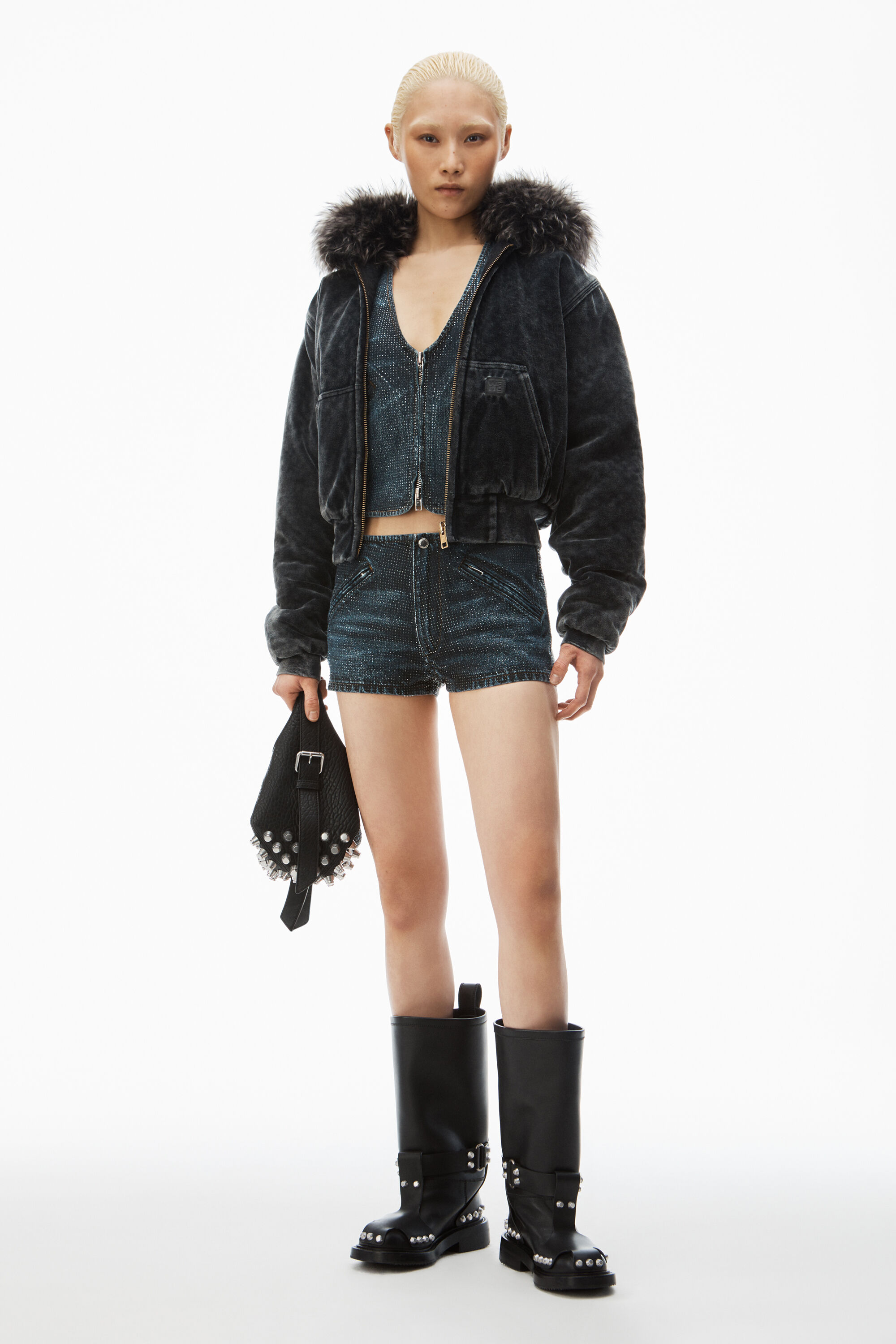 ショートパンツ Alexander Wang CRYSTAL PATTERN DENIM SHORTS shorty high-rise short in crystal hotfix denim in WASHED