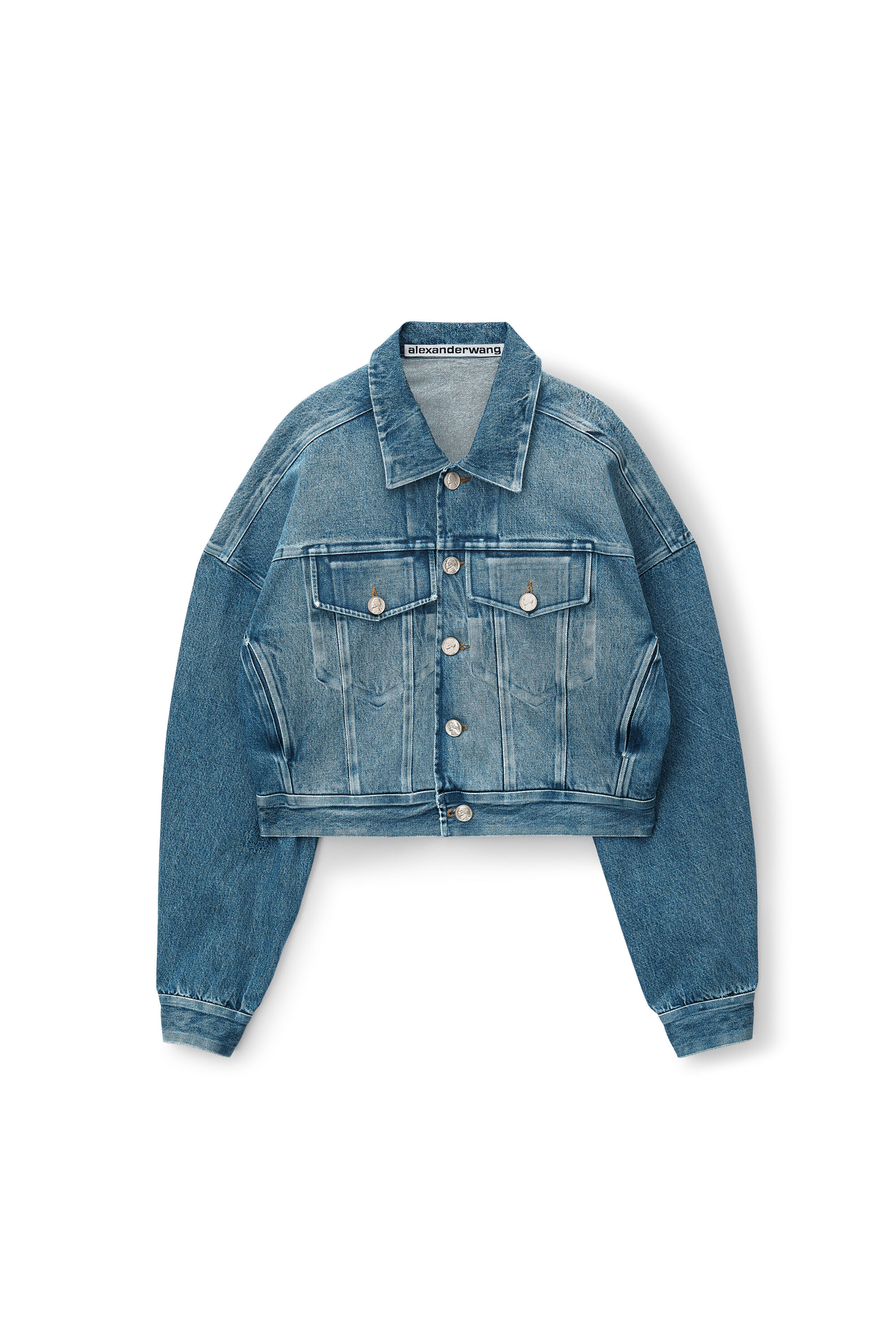 bonded rounded trucker jacket in cotton denim in VINTAGE MEDIUM INDIGO li class product details accordion list item subtle structured fit alexanderwang