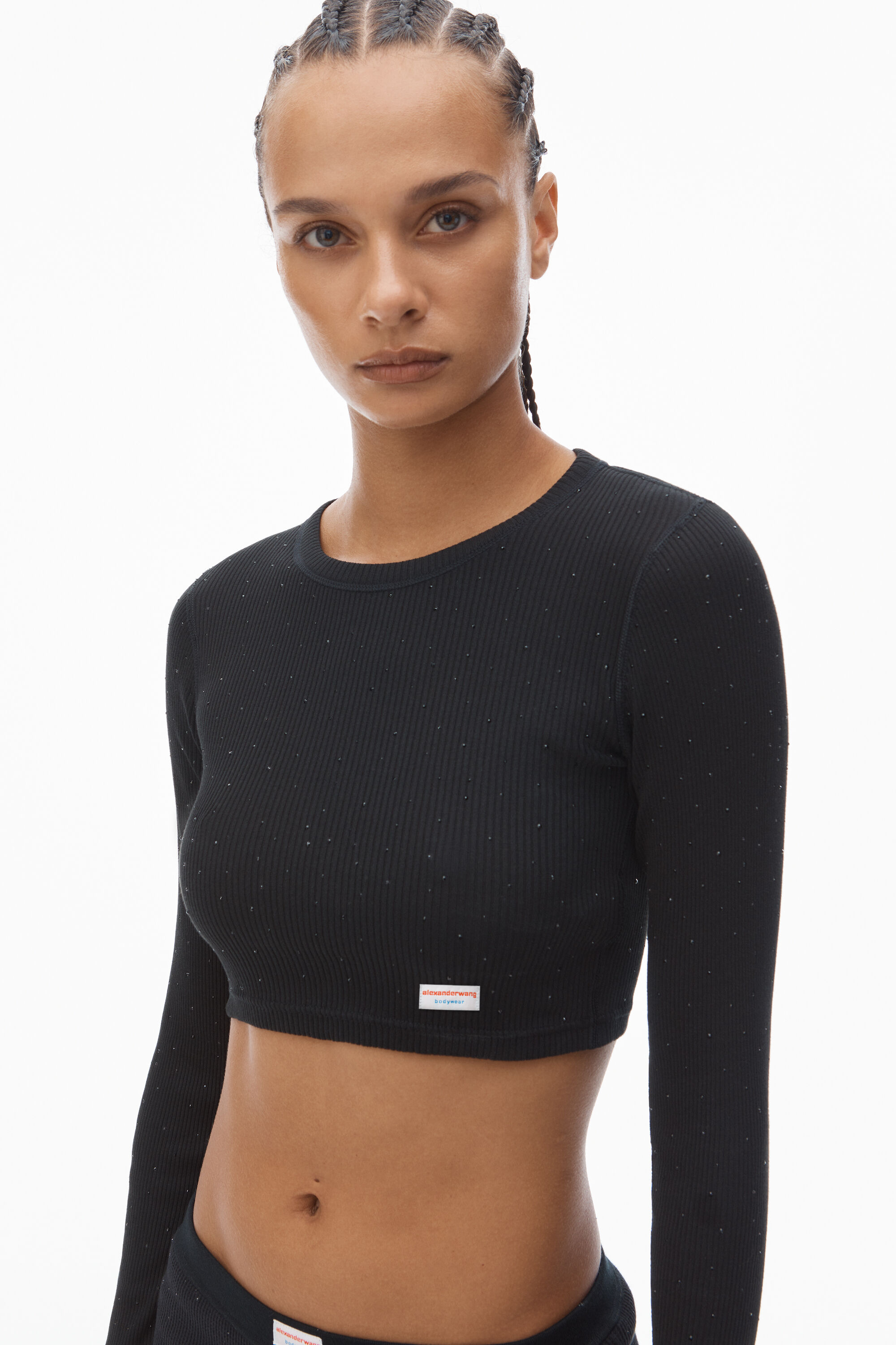 Crystal Hotfix Cropped Long sleeve Tee in BLACK | alexanderwang®