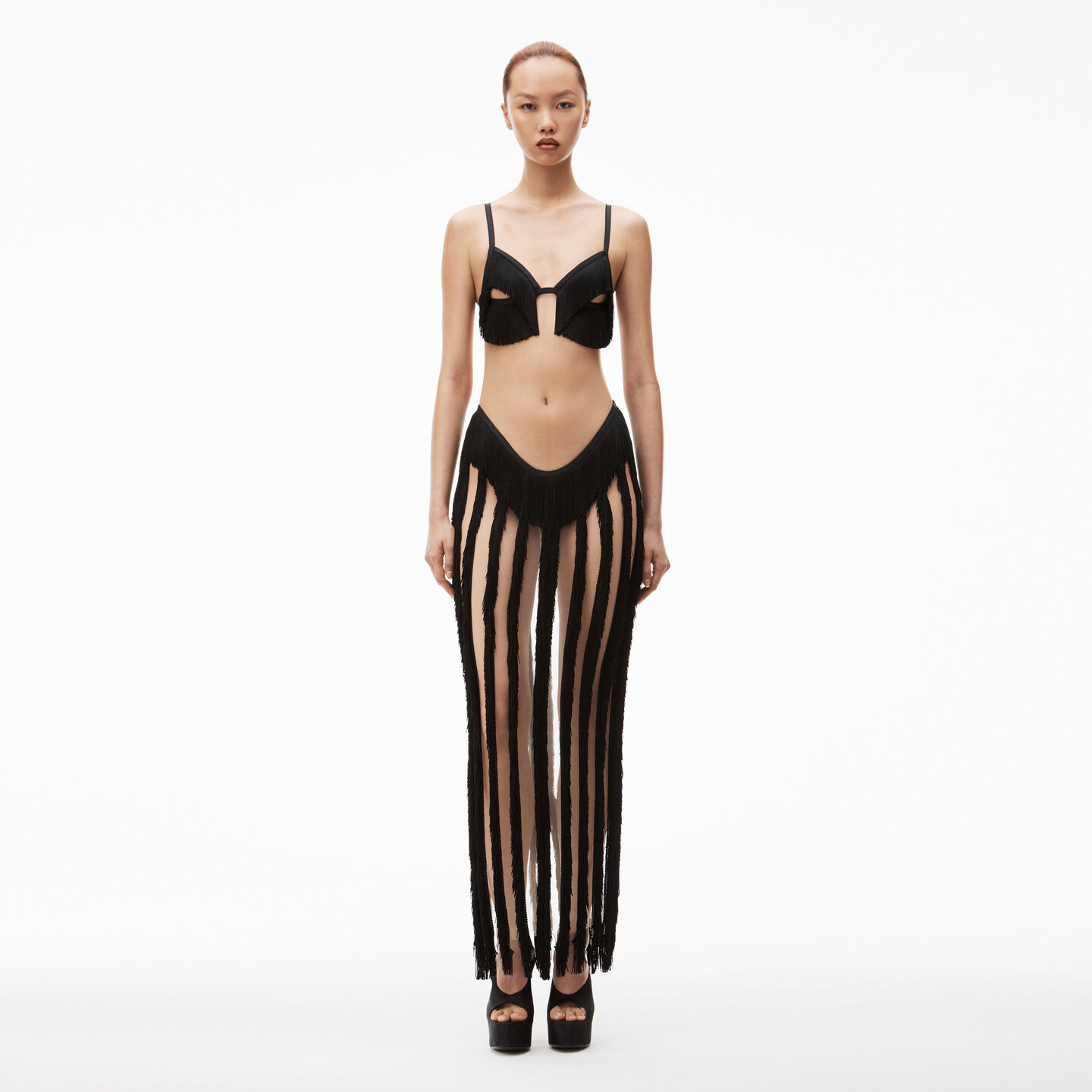 Alexander Wang Layered Fringe Bra And Skirt Dress In Black | ModeSens
