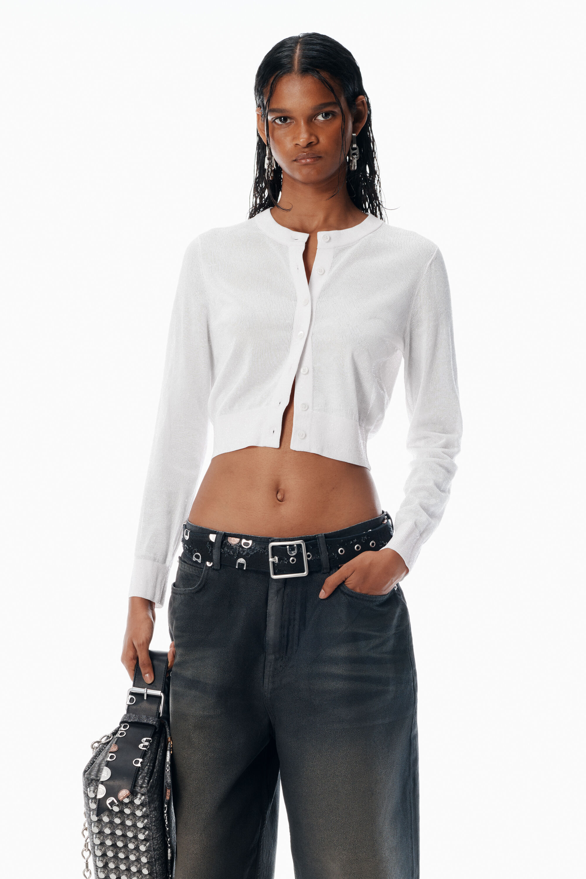 Cropped Cardigan in Clear Bead Hotfix in SOFT WHITE | alexanderwang®