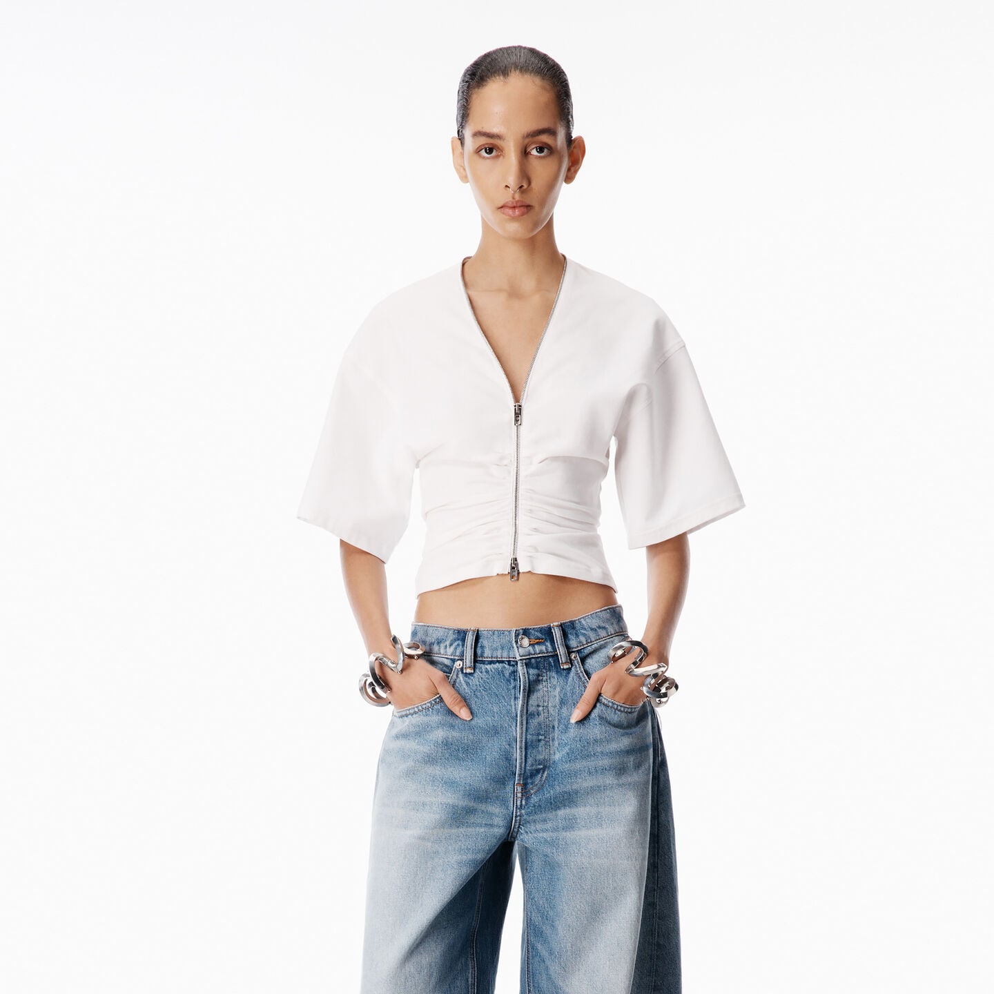 Alexander Wang Gathered T-shirt With Continuous Loop Zipper In White
