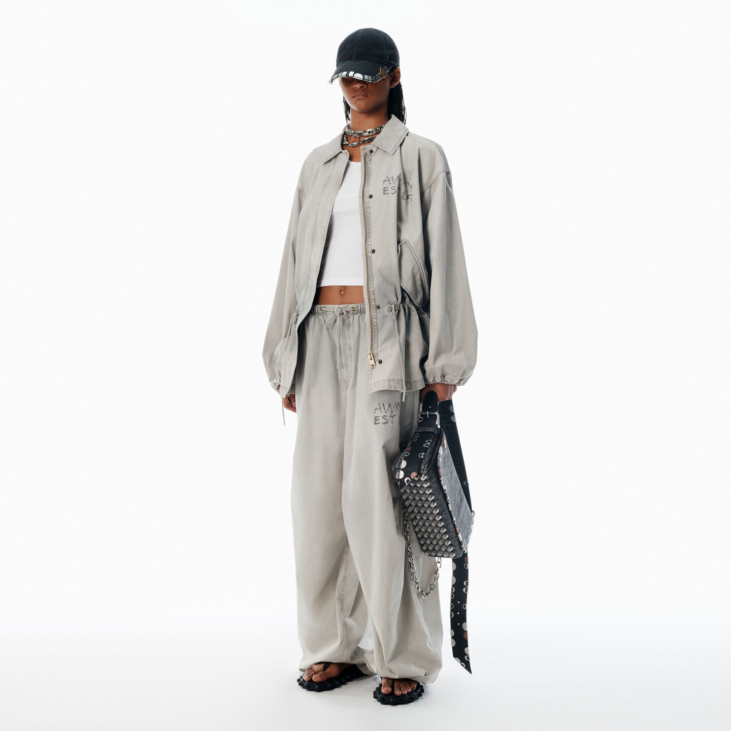 Alexander Wang Grey Parachute Pants With Logo Print In Gray