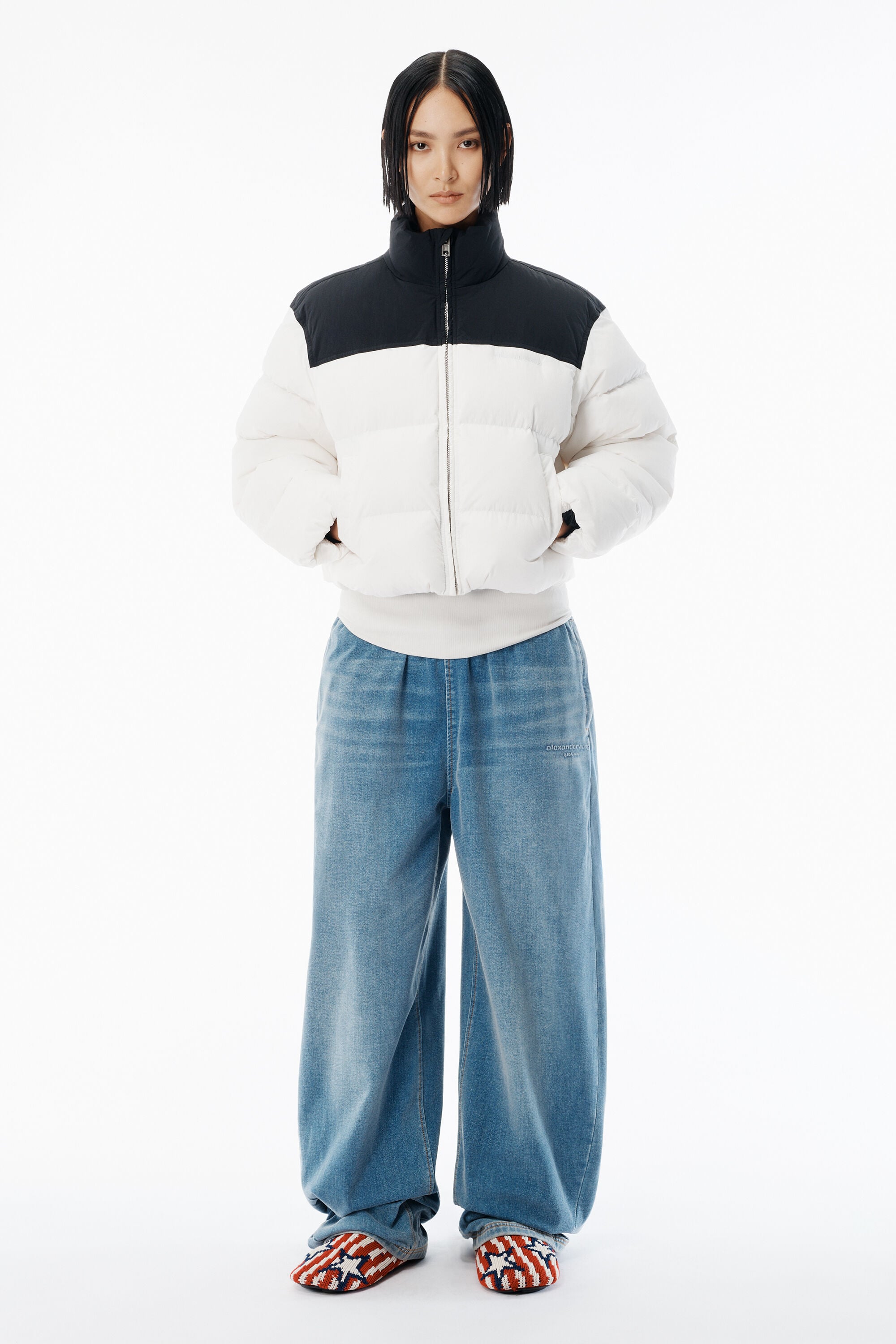 Black & White Matte Nylon Puffer Jacket in WHITE/BLACK