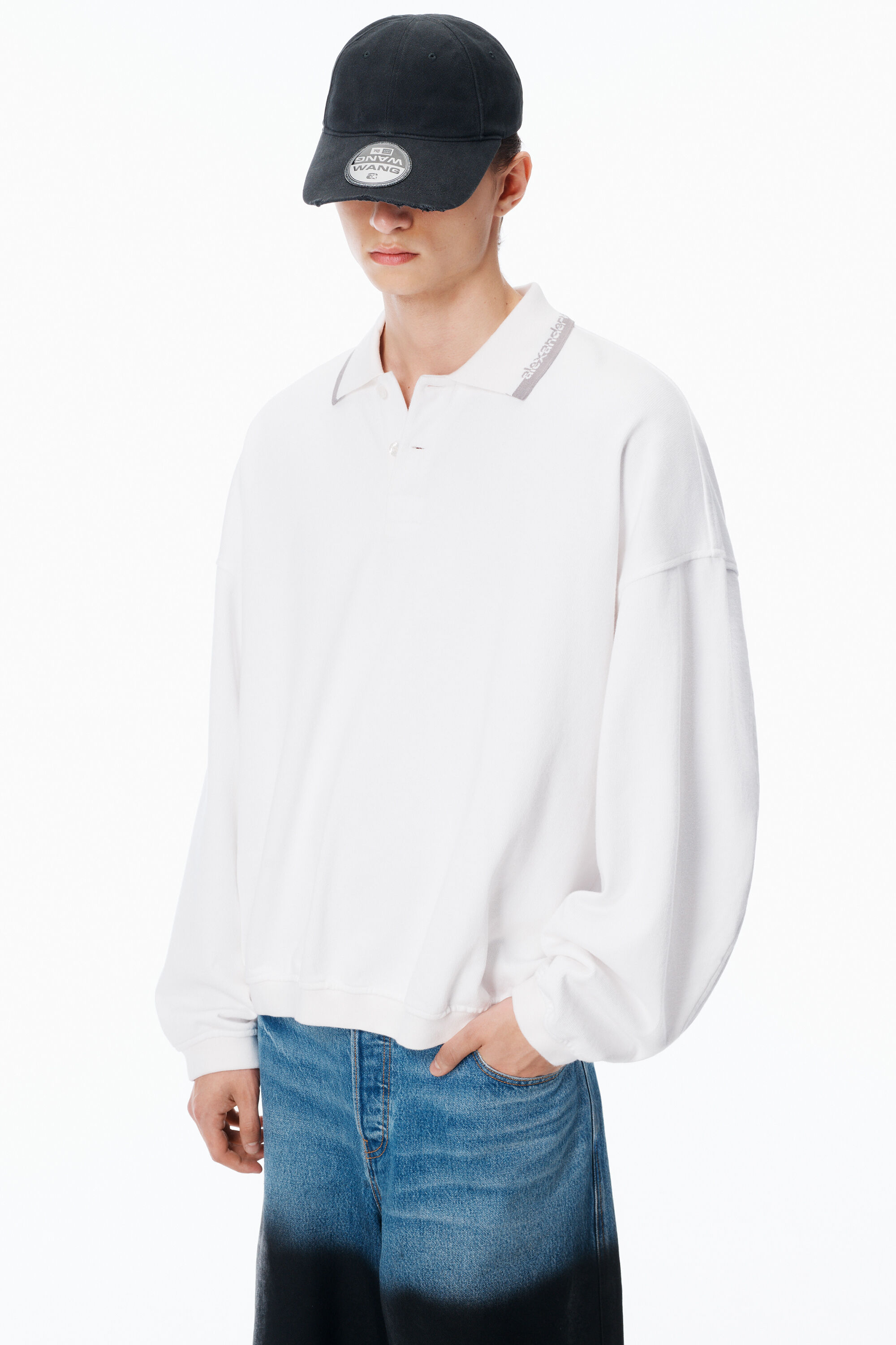 Long-Sleeve Polo Shirt in WHITE | alexanderwang®