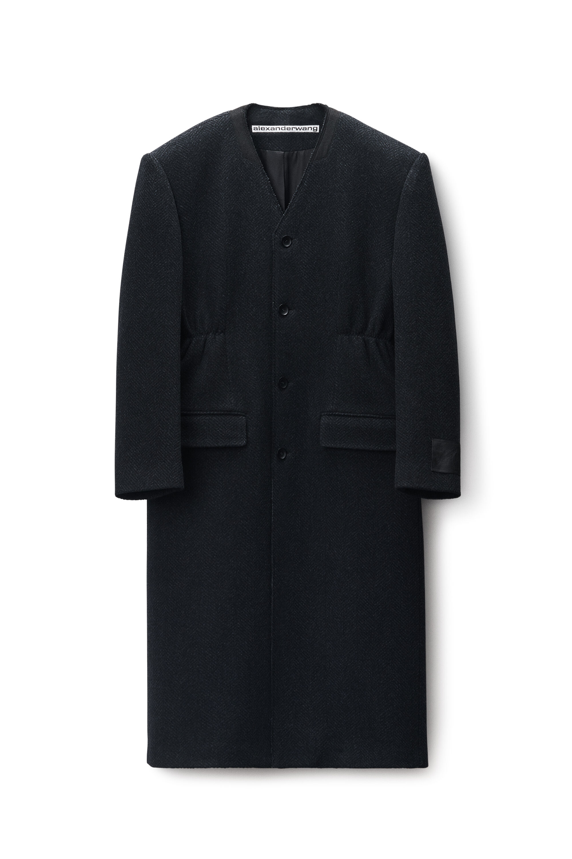 Collarless Coat in Double Tweed Wool in BLACK/CHARCOAL