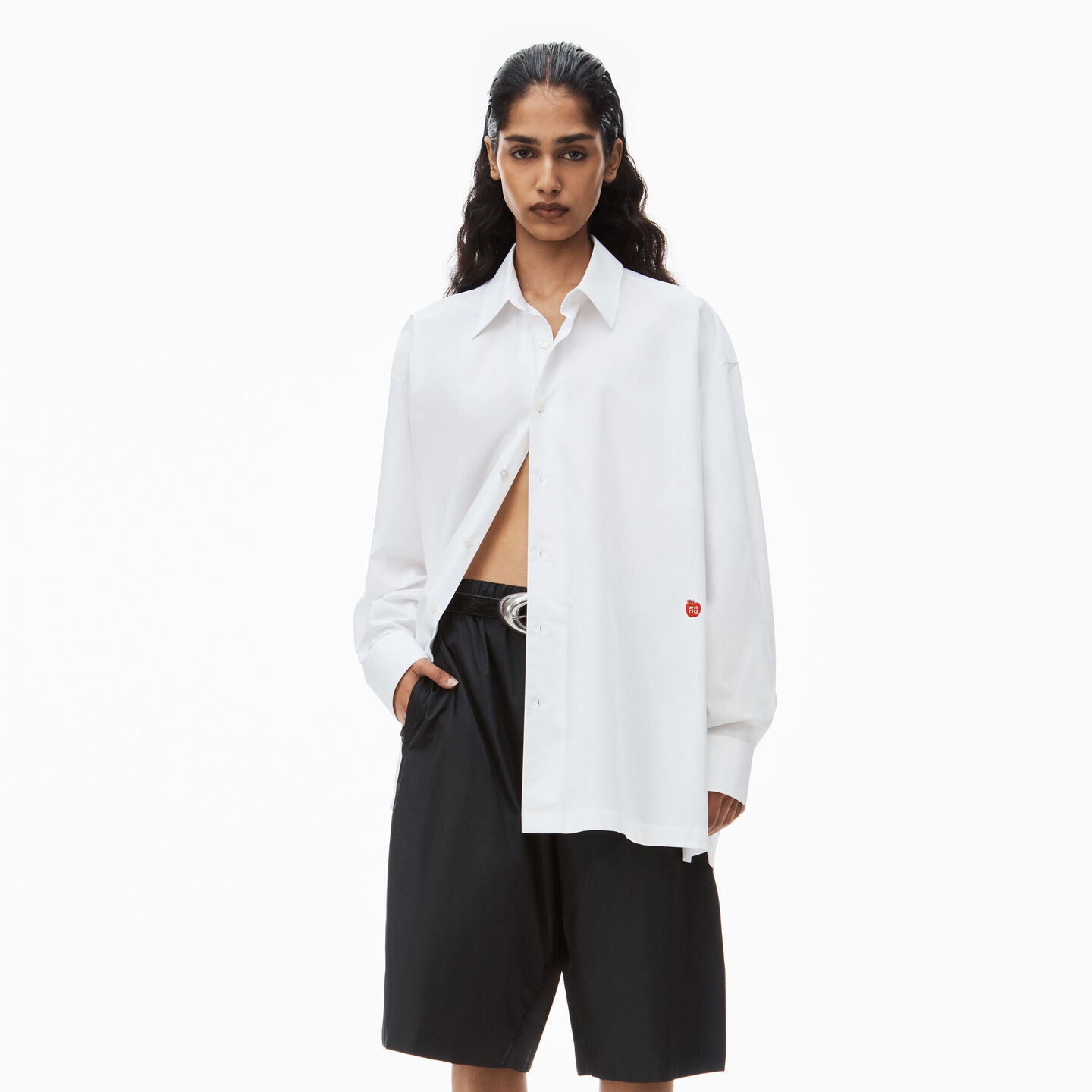 Alexander Wang Button Up Boyfriend Shirt In Compact Cotton With Apple Logo Patch In White