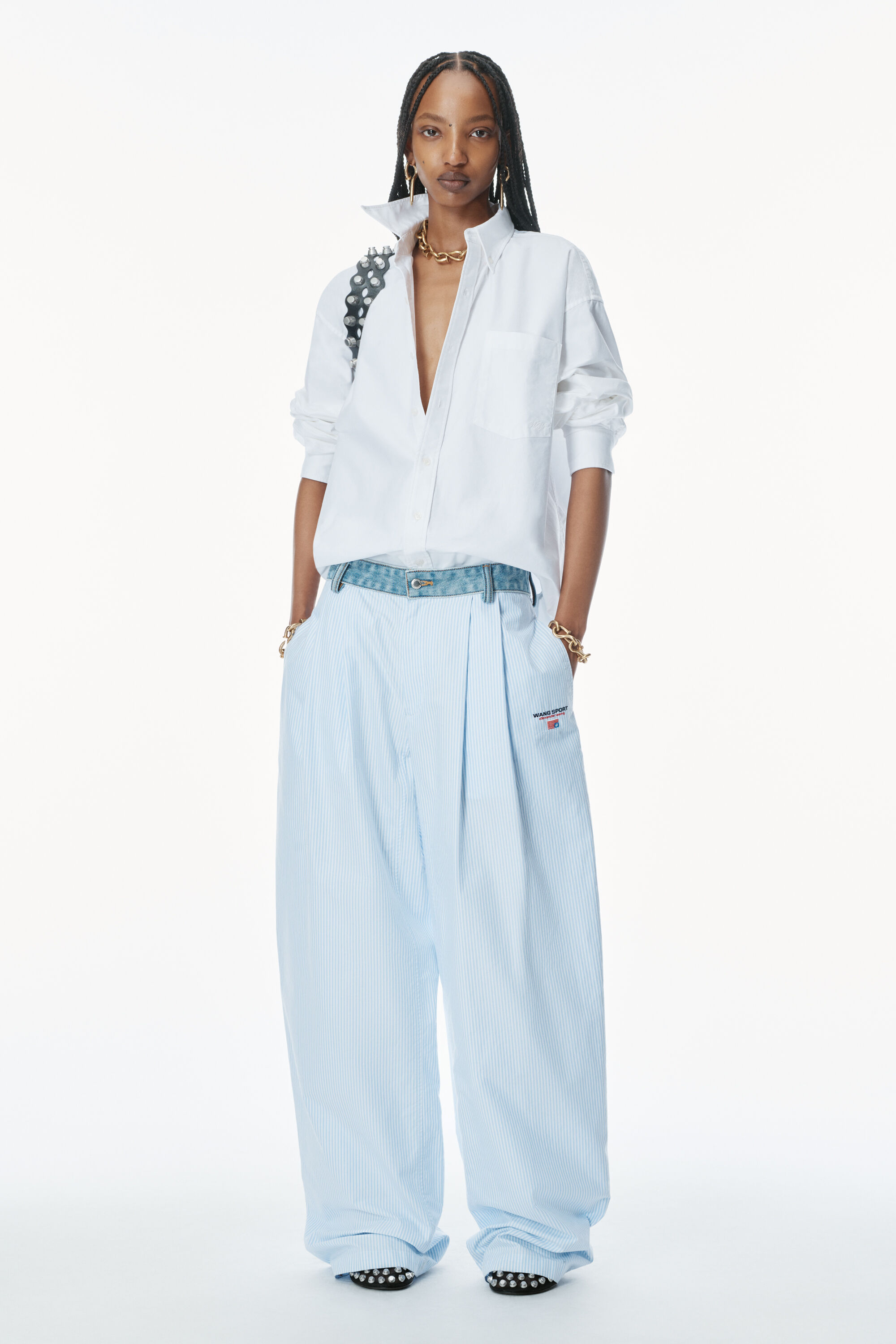 【送料&関税込】T by Alexander Wang Embroidered Oxford Overs Cotton Oxford Oversize Shirt in OXFORD BLUE/WHITE
