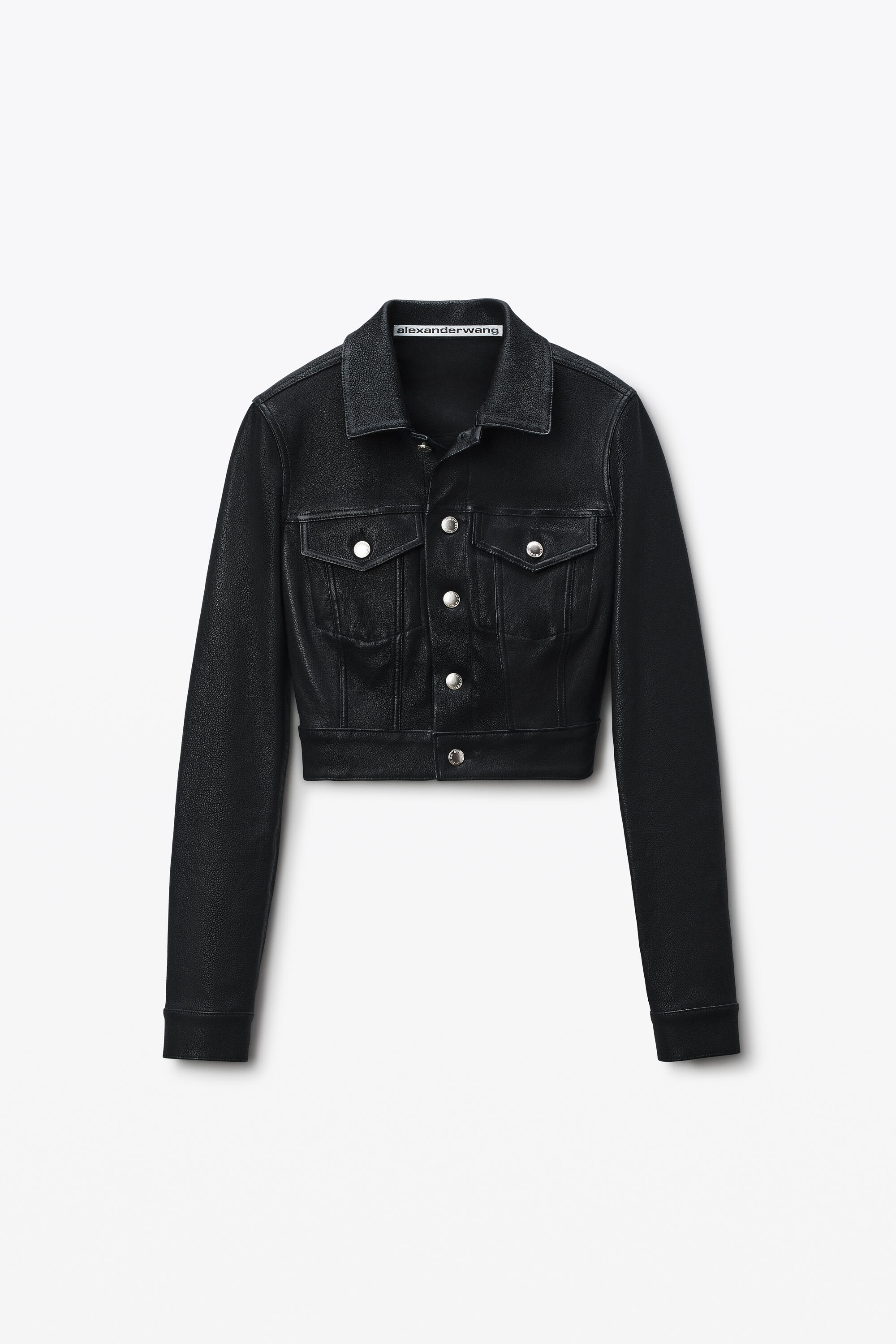 Black Shrunken Leather Trucker Jacket in BLACK | alexanderwang®