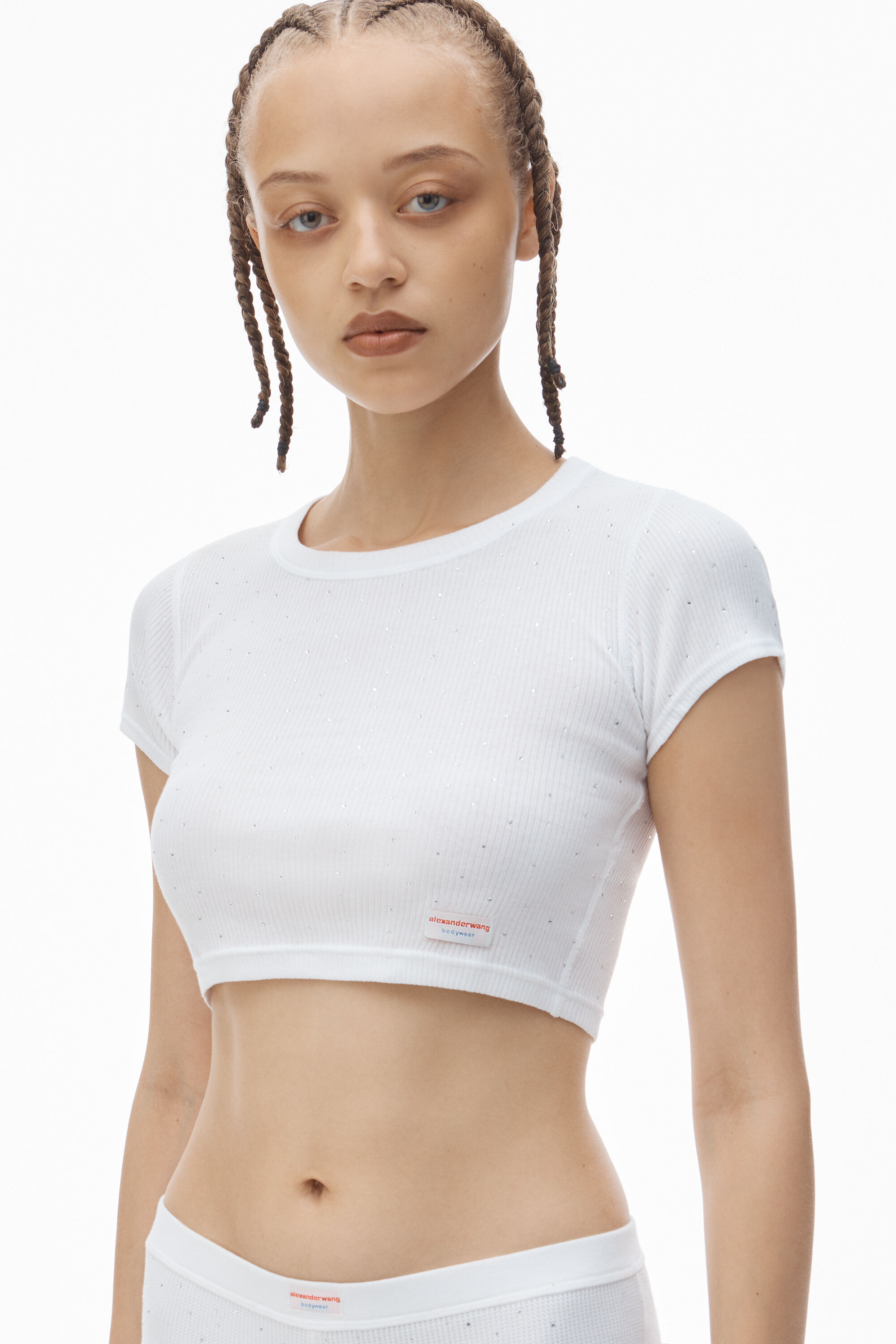 Crystal Hotfix Short-Sleeve Cropped Tee in WHITE | alexanderwang®