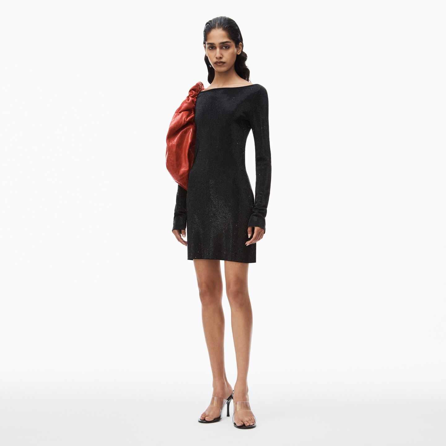 Alexander Wang Clear Bead Hotfix Boatneck Minidress In Long Sleeve In Black