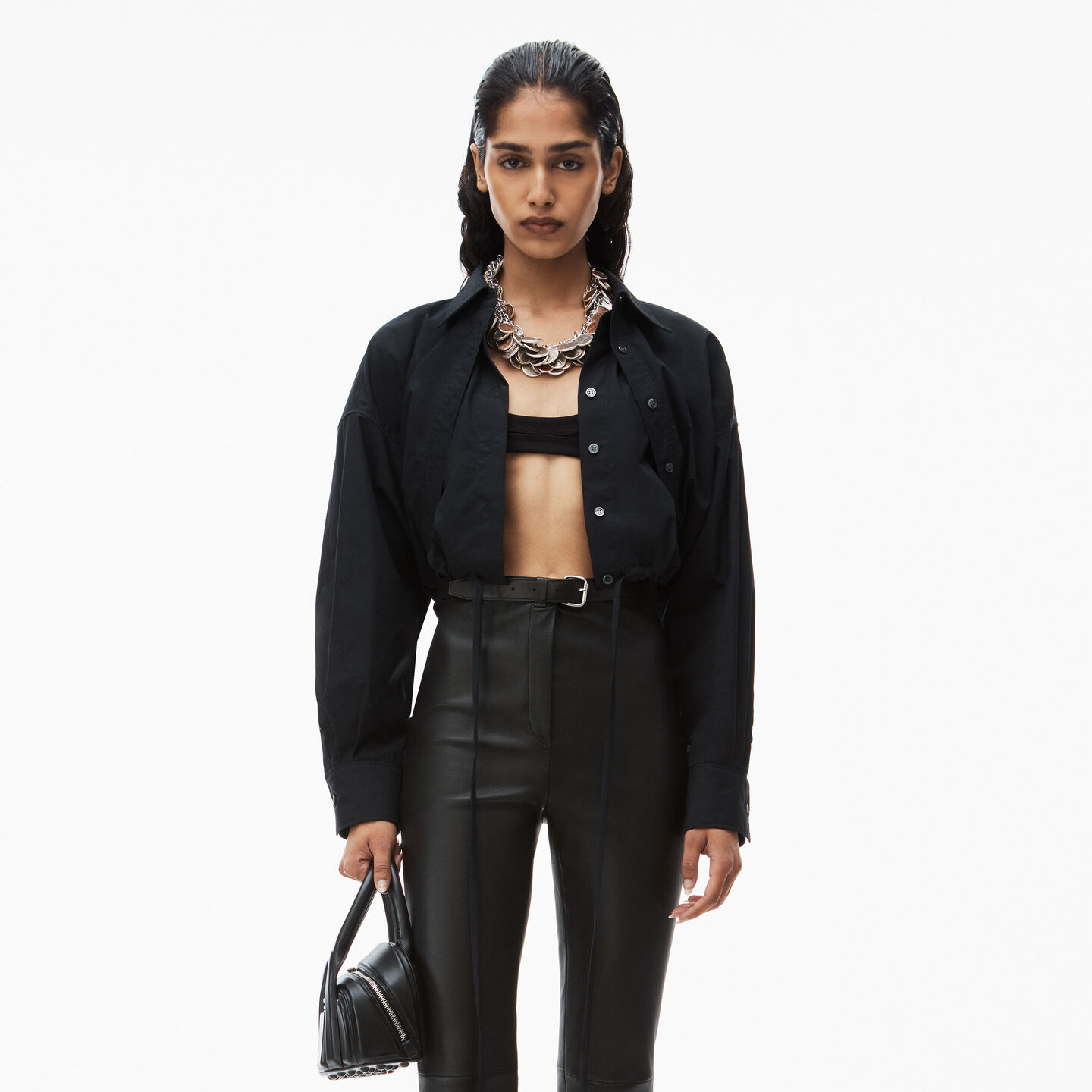 Alexander Wang Double Layered Cropped Shirt In Compact Cotton With Tie Waistband In Black