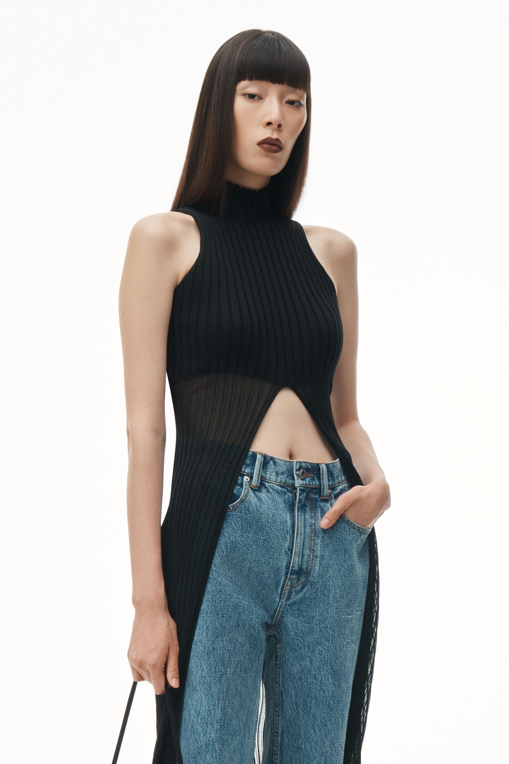 Sheer Ribbed Cutaway Maxi Tunic in BLACK | alexanderwang® Sheer Ribbed Cutaway Maxi Tunic in BLACK | alexanderwang®