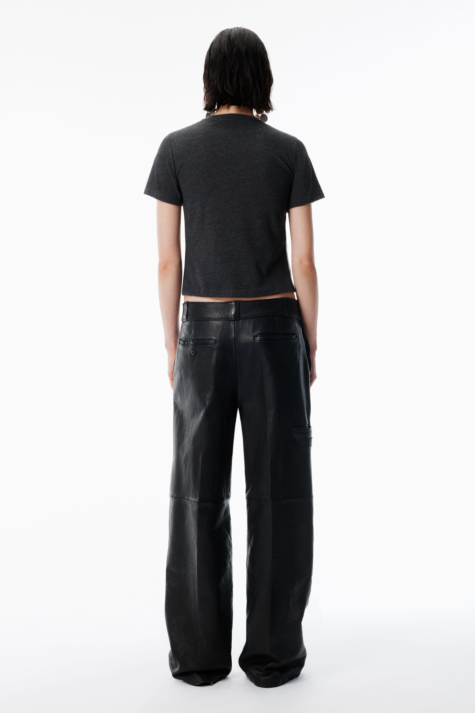 alexander wang 亚历山大王黑色做旧机车皮革工装长裤BLACK