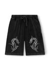 shorts in stile boxer in velour con drago di strass termoapplicati