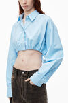 Alexander Wang chambray blue cropped drawstring blouse in cotton & crystal hotfix poplin