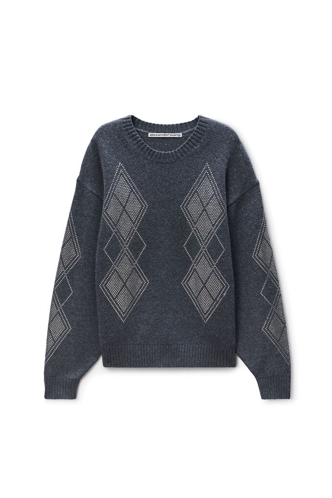Alexander Wang Studded Argyle Crewneck Pullover In Gray