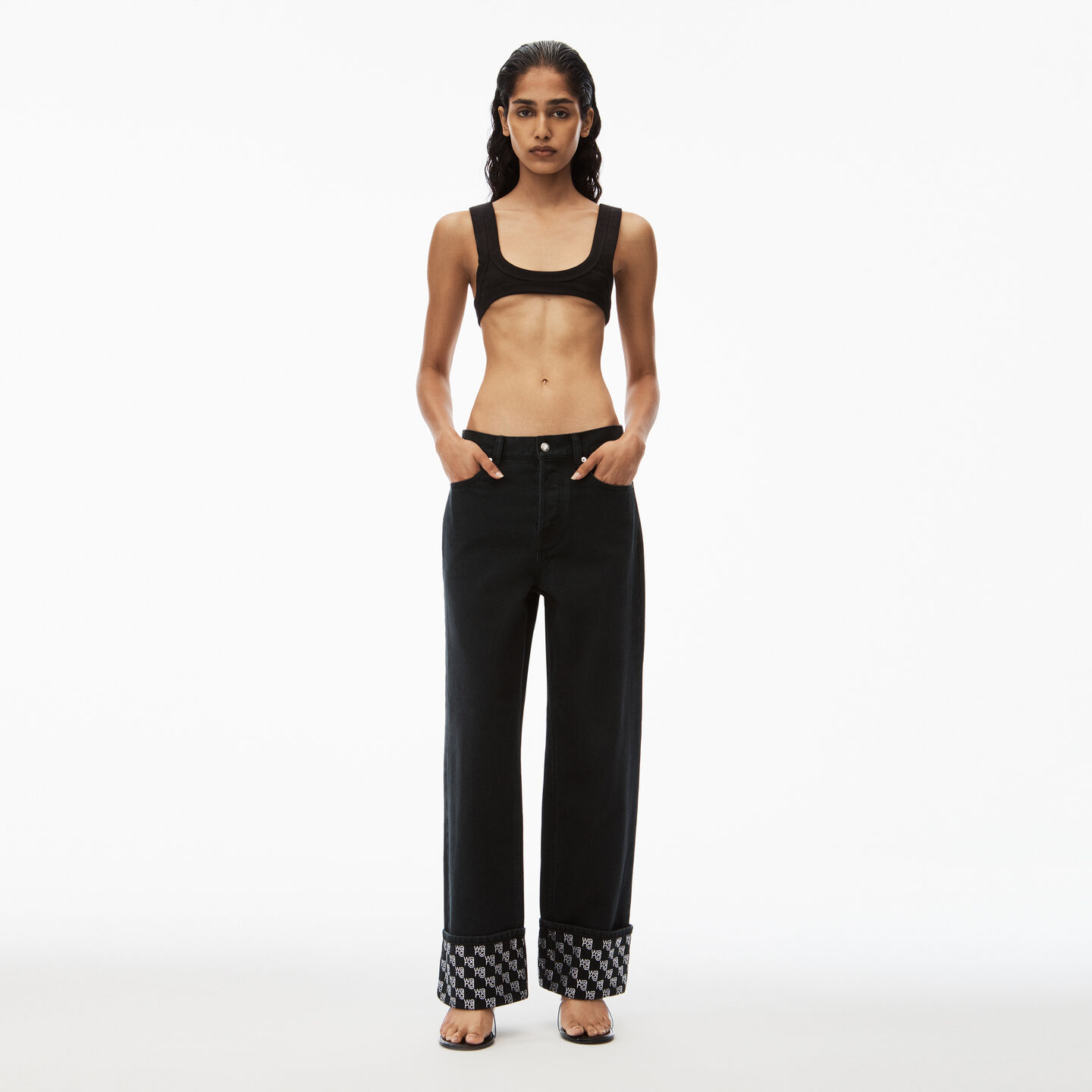 Alexander Wang Crystal Logo Check Cuff Straight Leg Jeans In Washed Black