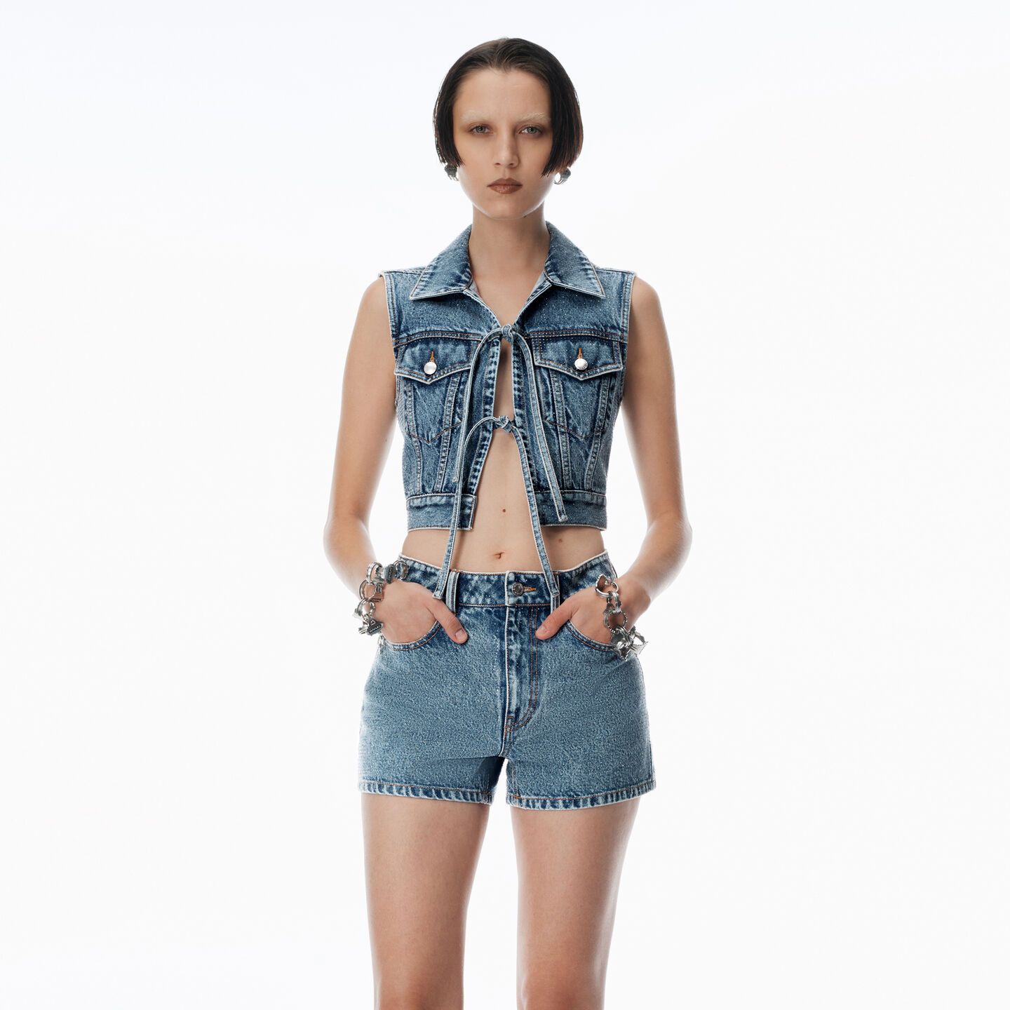 Alexander Wang Clear Bead Hotfix Denim Vest With Tie Front In Vintage Light Indigo