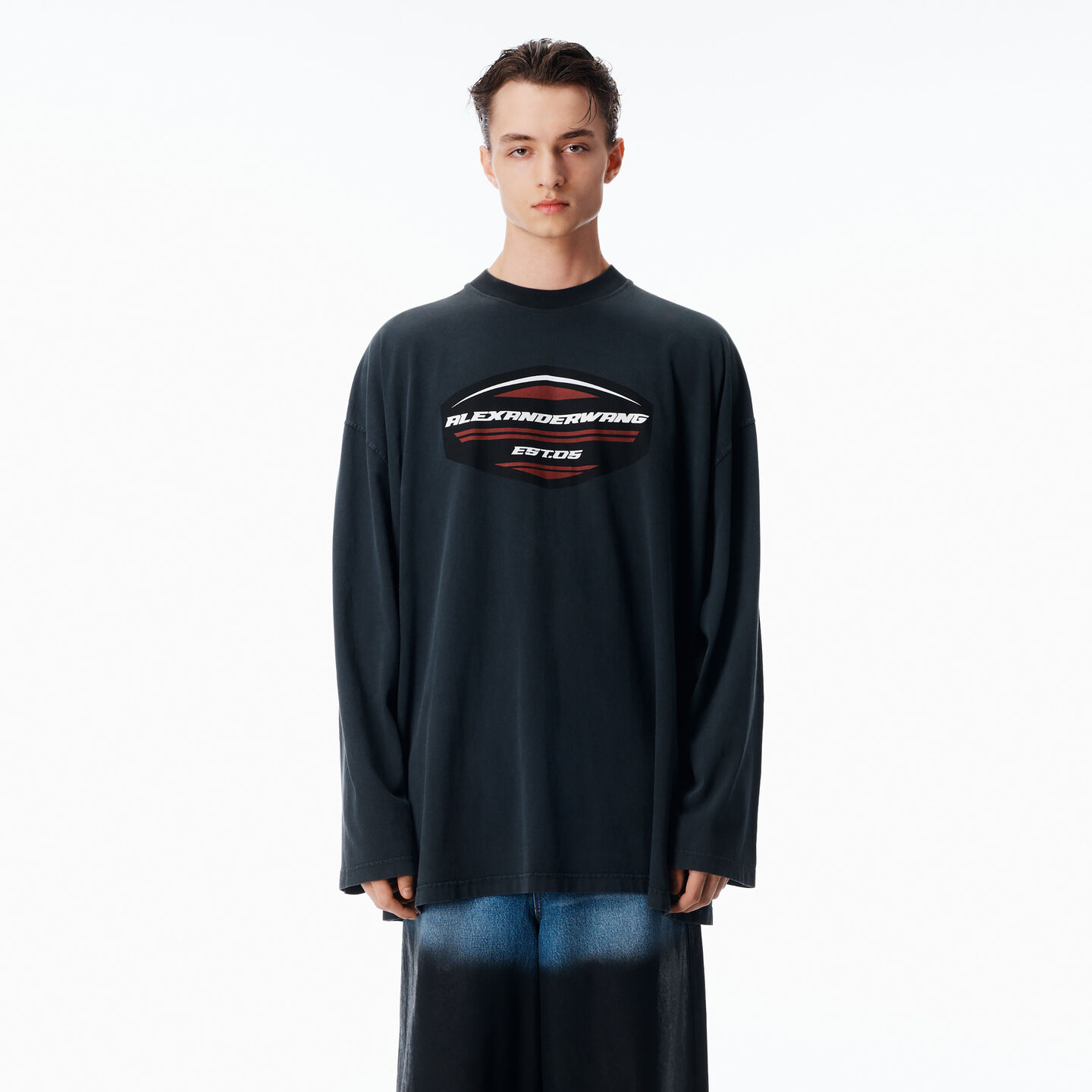 Alexander Wang Long Sleeve Shield Graphic Tee In Jersey Oversized In Black