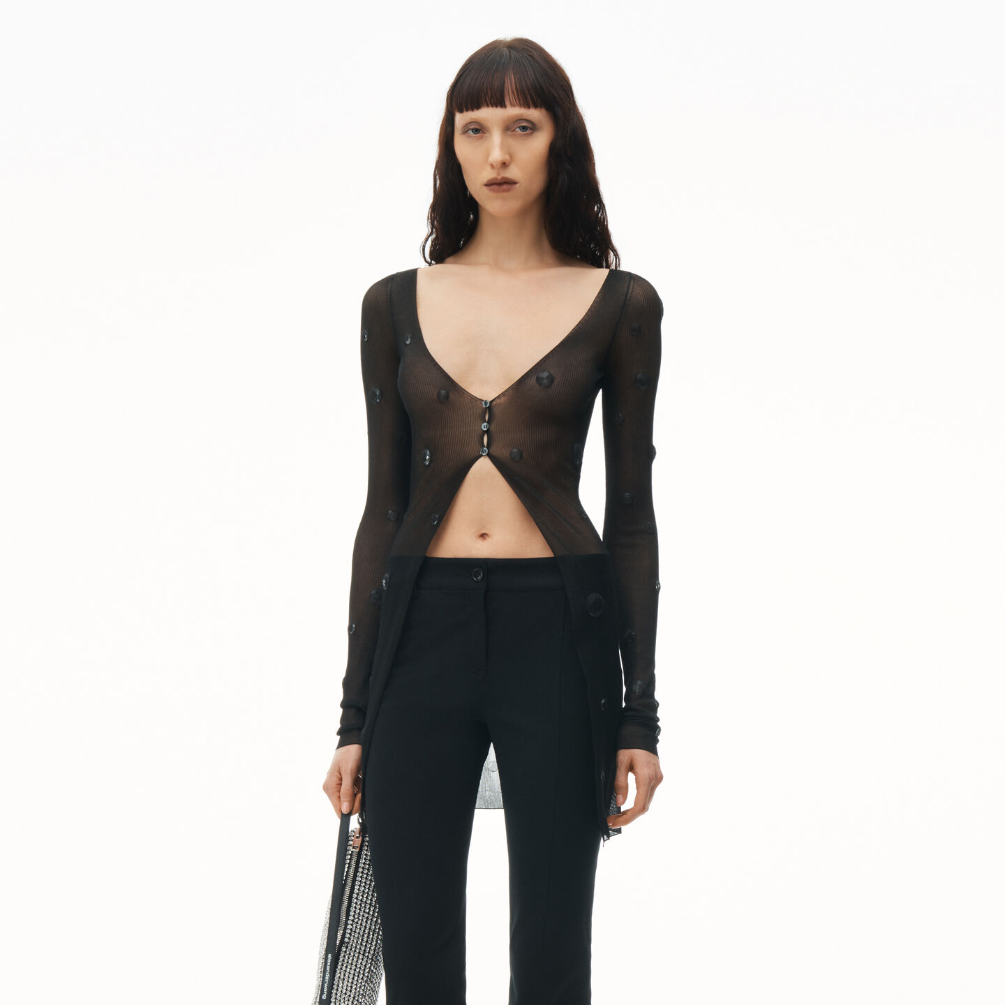 Shop Alexander Wang Ribbed Cardigan With Engineered Trapped Gems In Black