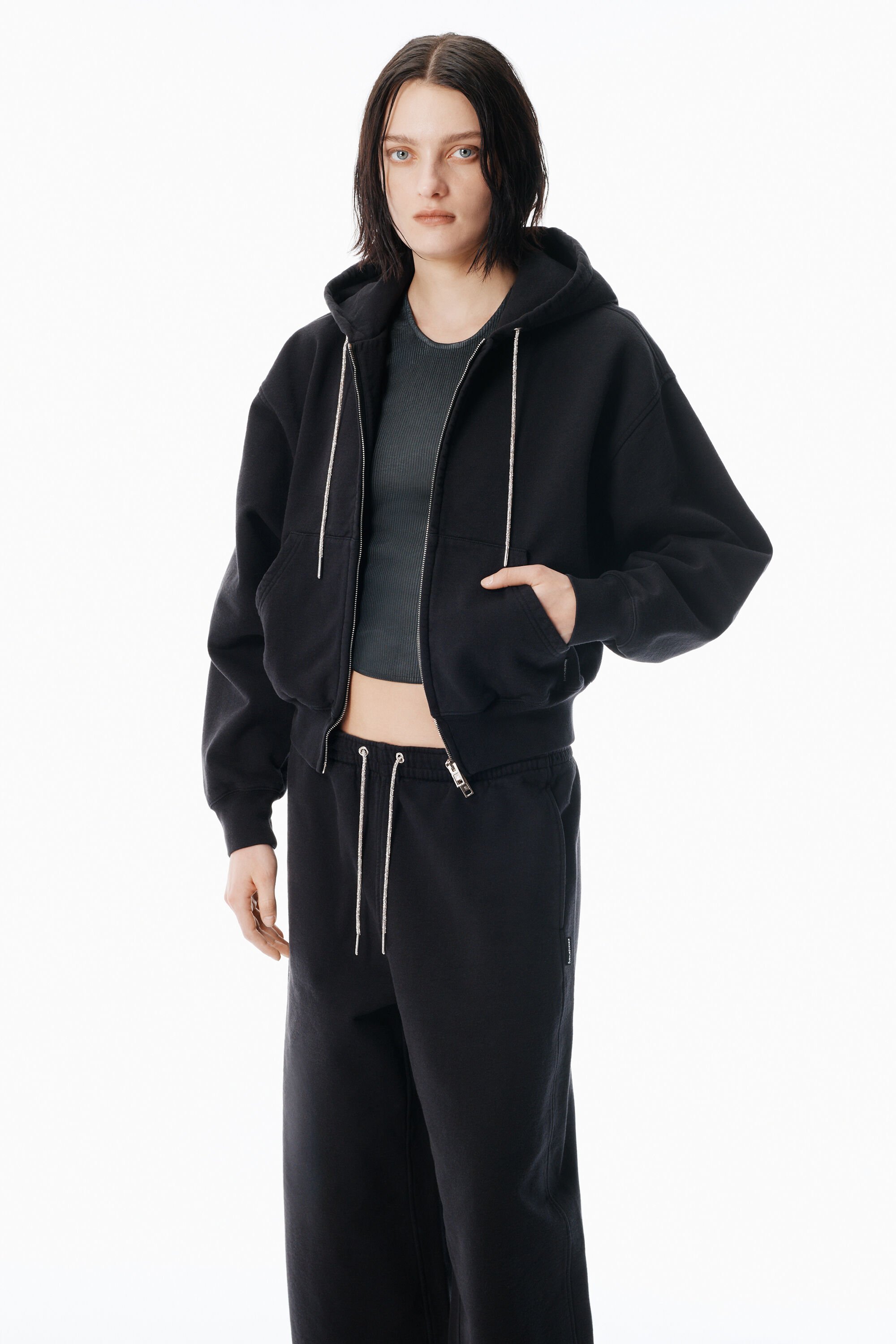 Black Cotton Terry Sweatpant with Crystal Hotfix Drawcord in BLACK