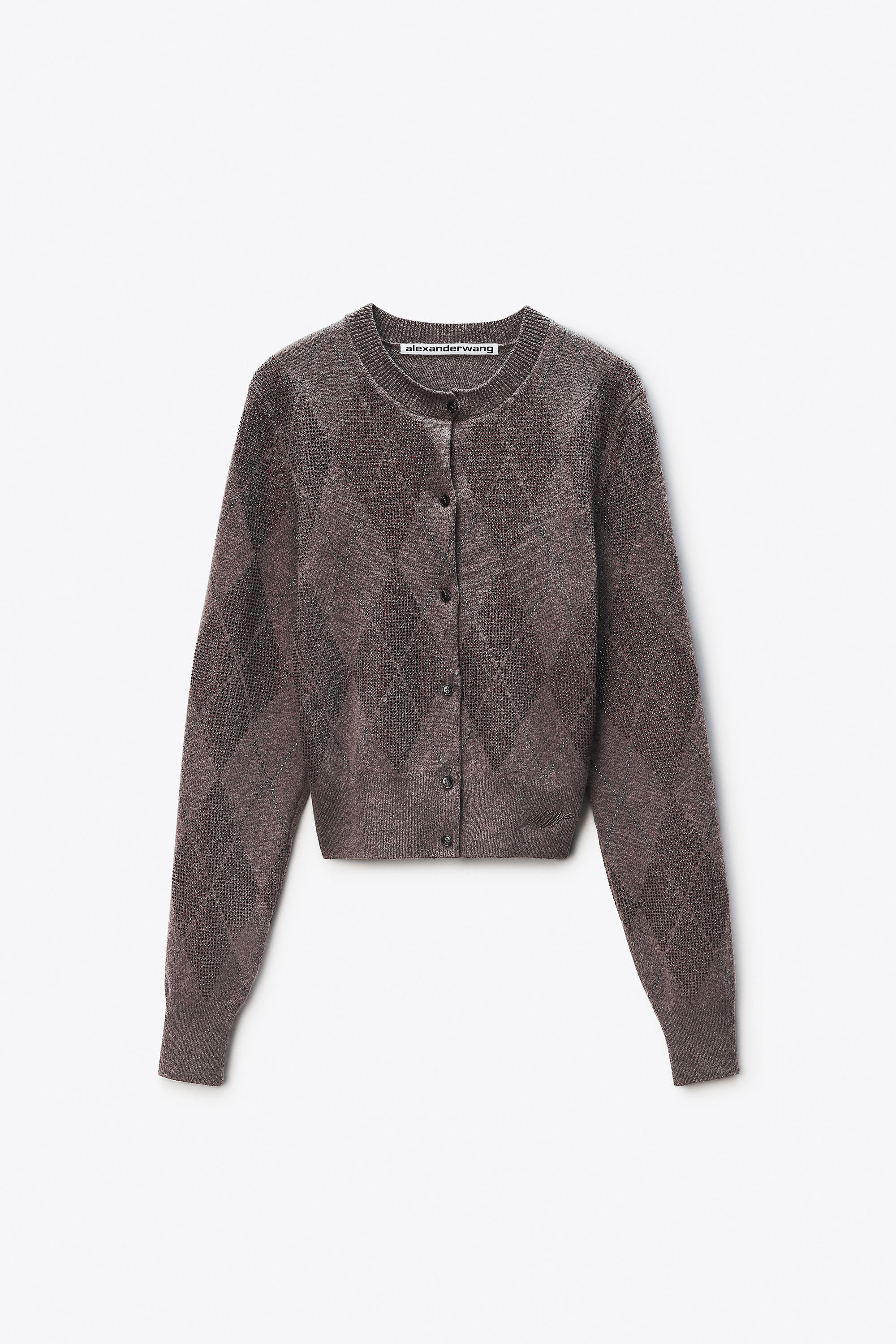 Crystal Hotfix Wool-Blend Argyle Cardigan in BROWN | alexanderwang®