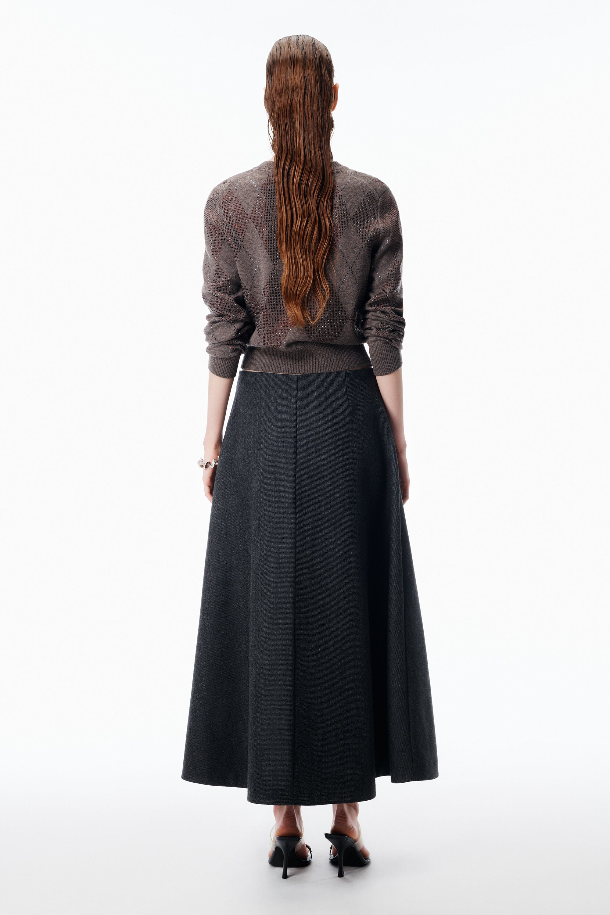 Crystal Hotfix Wool-Blend Argyle Cardigan in BROWN | alexanderwang®
