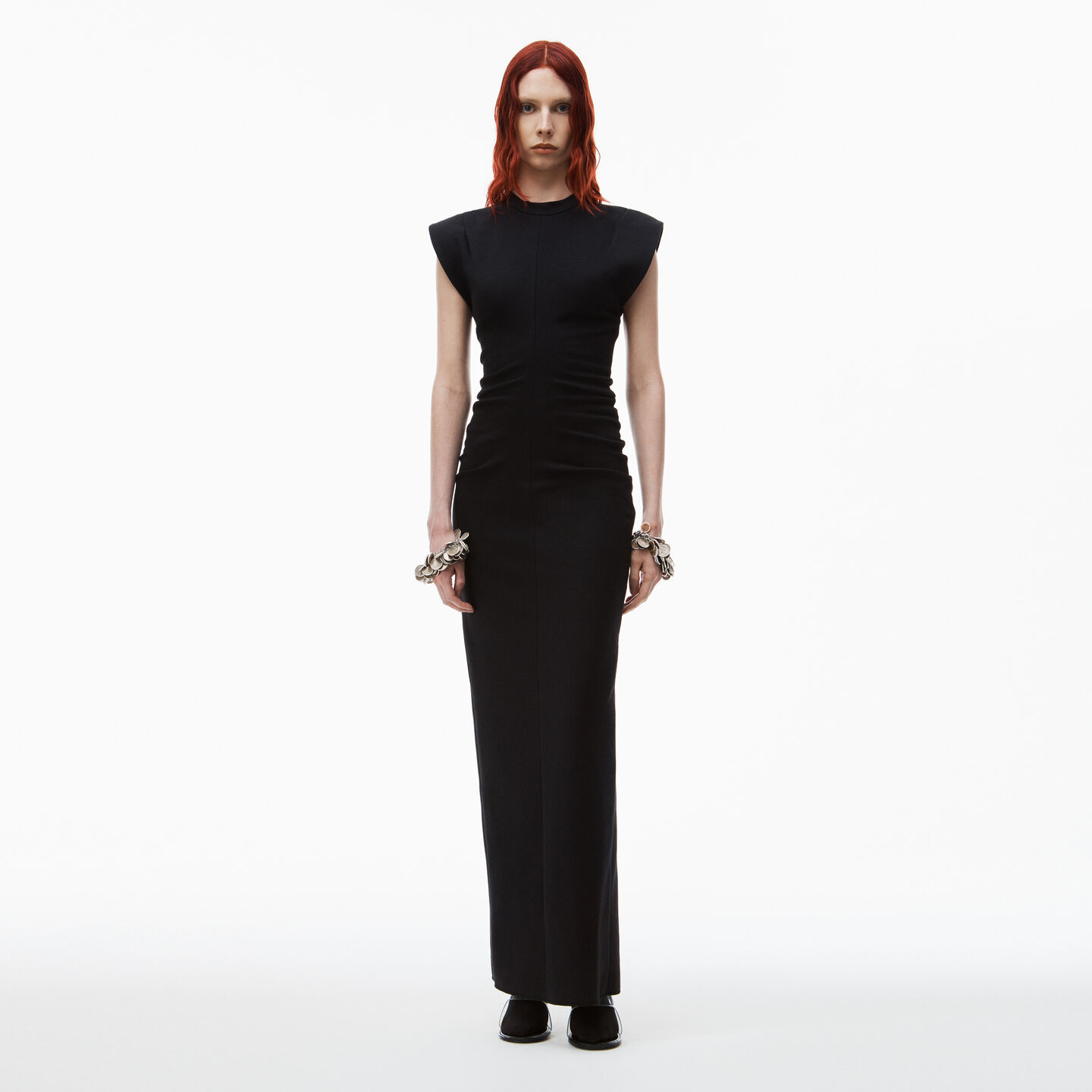 Alexander Wang Crewneck Ribbed Jersey Maxi Dress With Back Slit And Draped Detail In Black