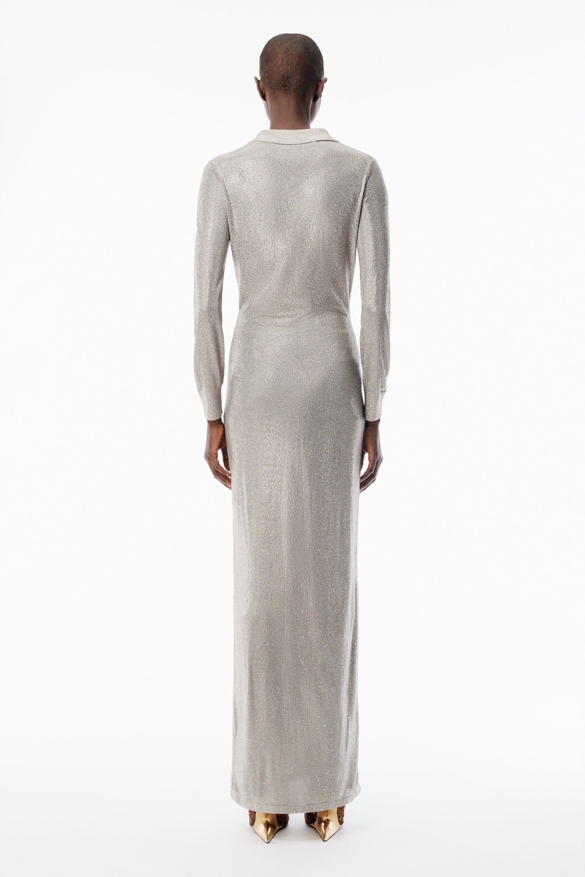 Champagne Crystal Hotfix Long-Sleeve Polo Dress in CHAMPAGNE