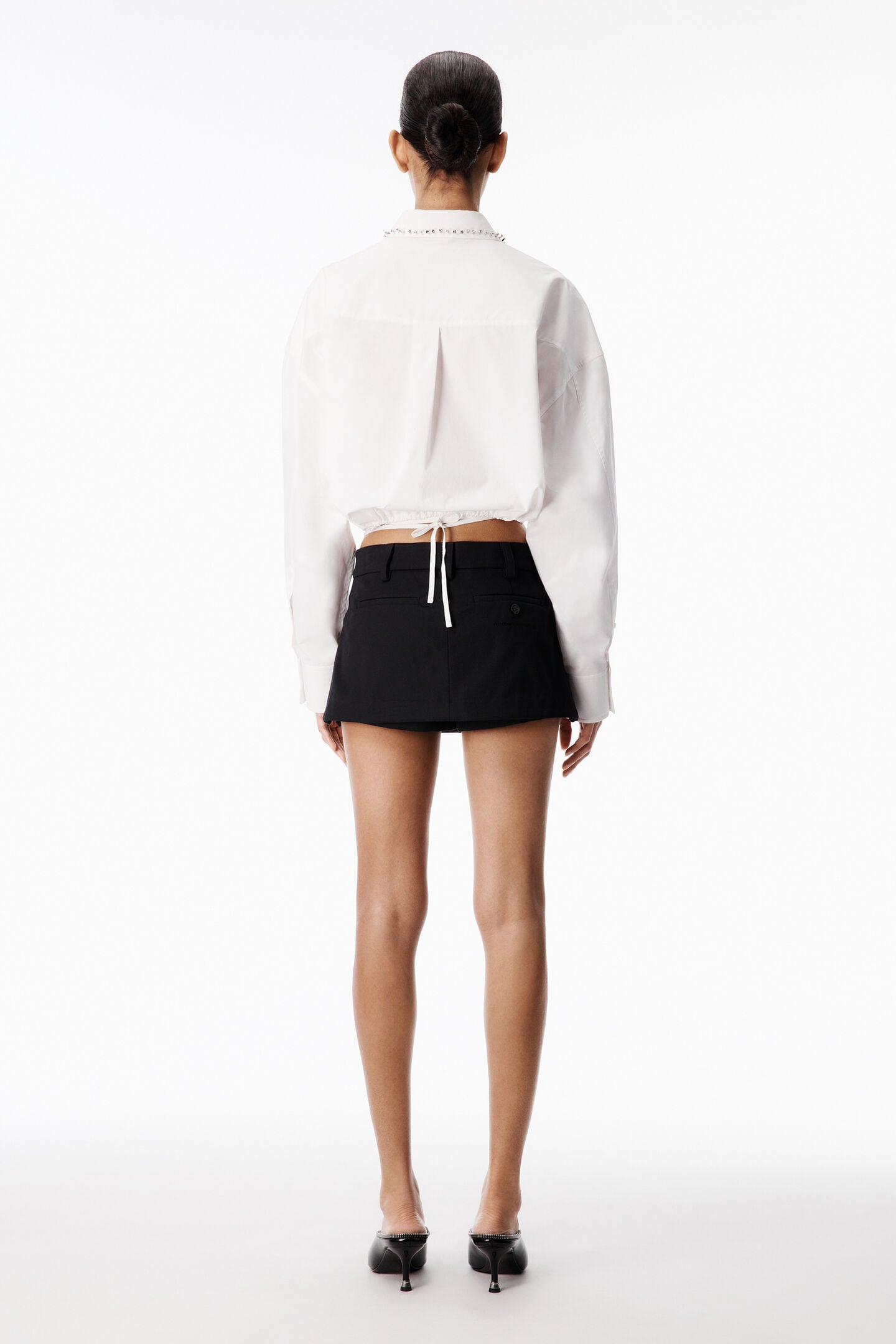 Alexander Wang Crystal Stud Crop Drawstring Waist Cotton Button-up Shirt In White