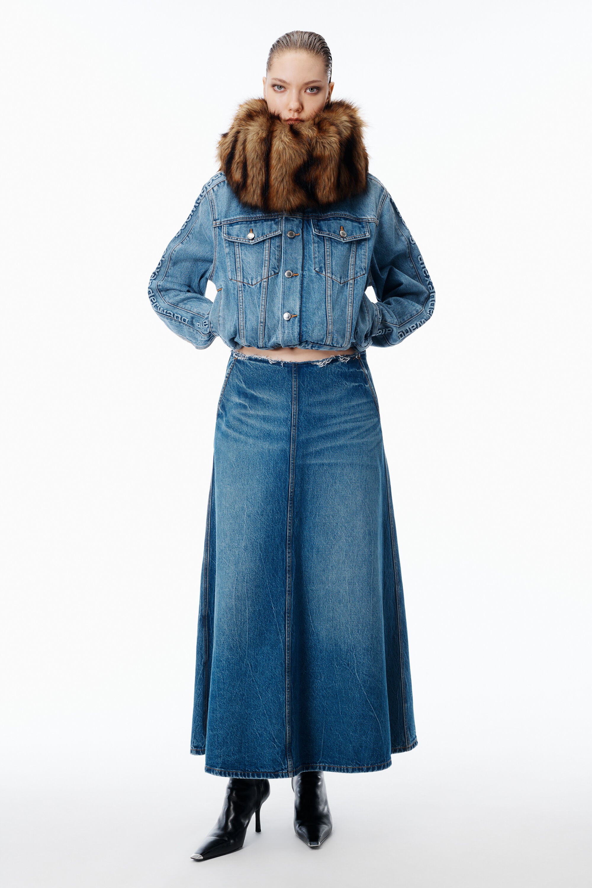 A-Line Denim Skirt Midi in VINTAGE MARBLED BLUE | alexanderwang®
