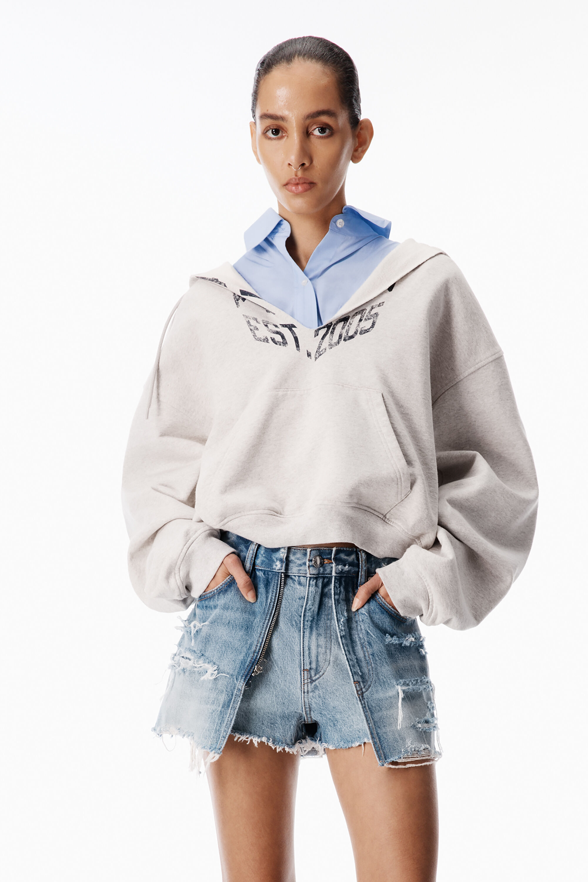 Shirt Dickie Hoodie in LT HEATHER GREY/ OXFORD BLUE | alexanderwang®