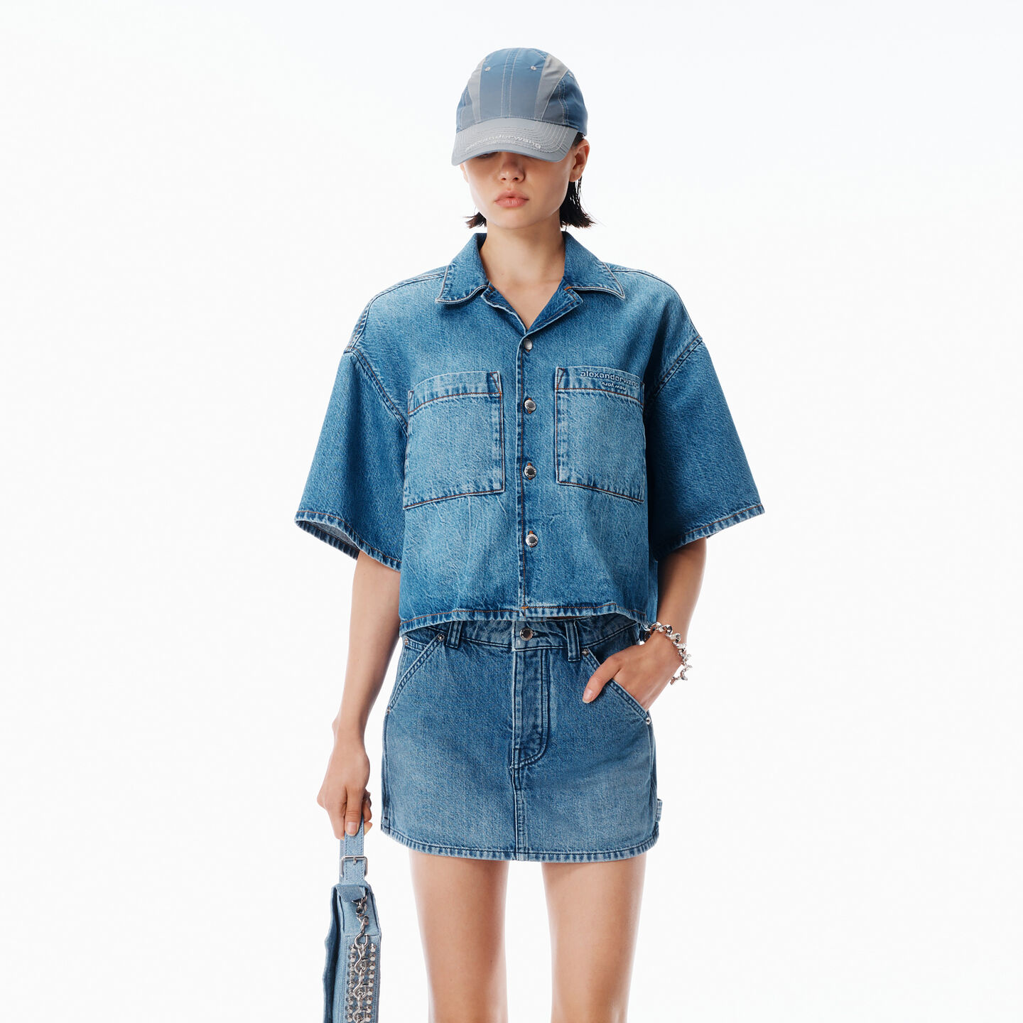 Alexander Wang Cropped Denim Shirt In Blue