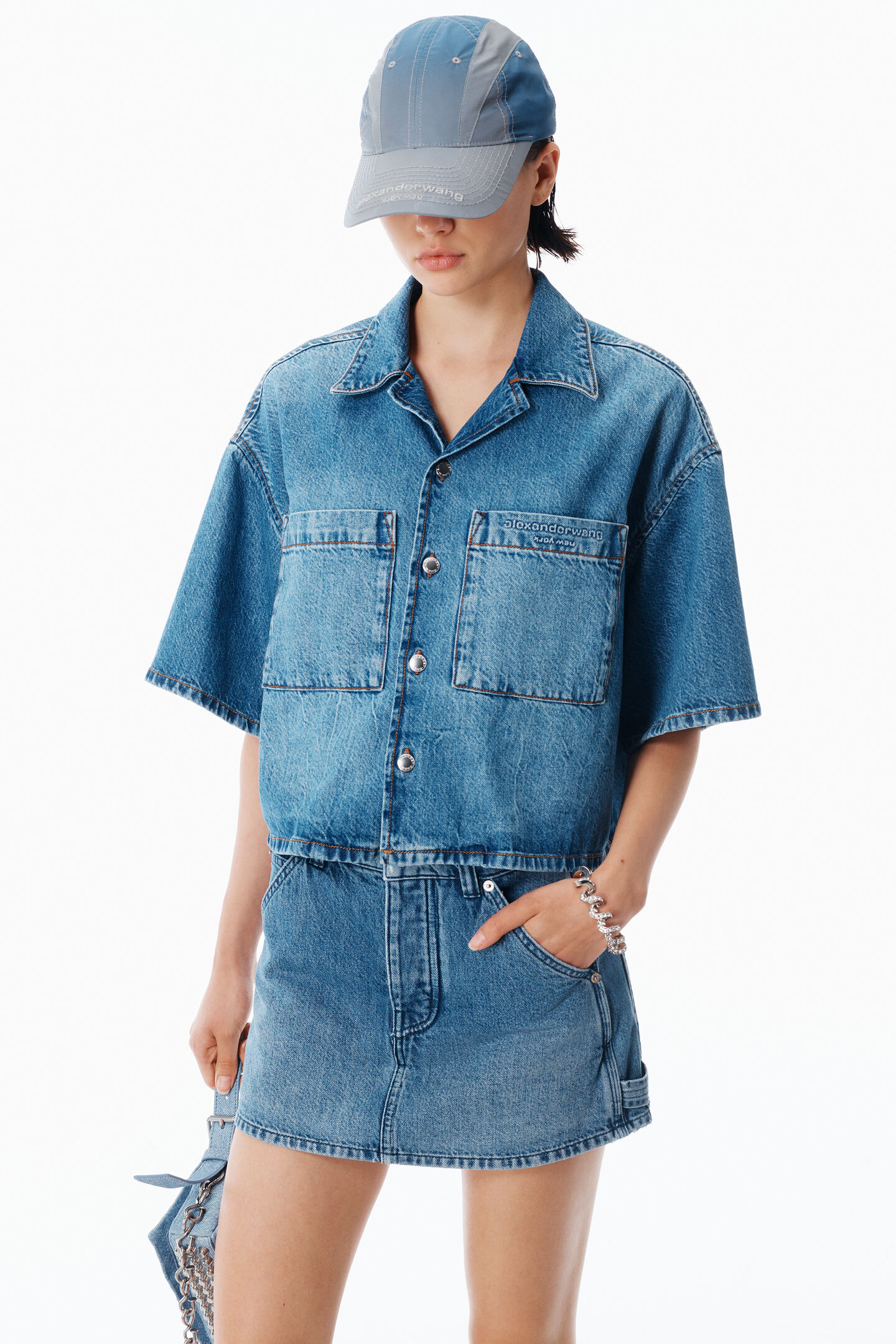Alexander Wang Cropped Denim Shirt In Blue