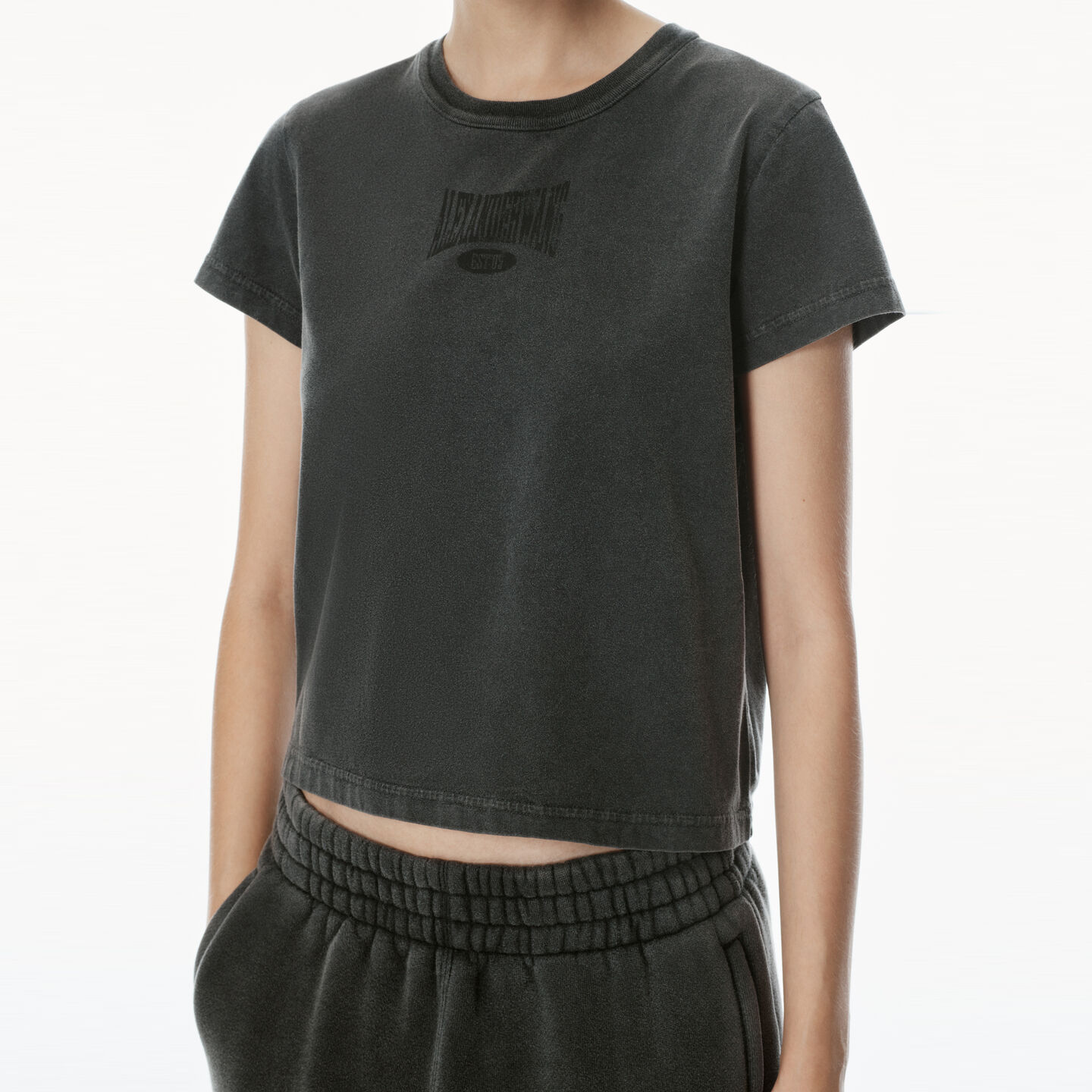 Alexander Wang Distressed Logo Shrunken Cotton Tee In Faded Black