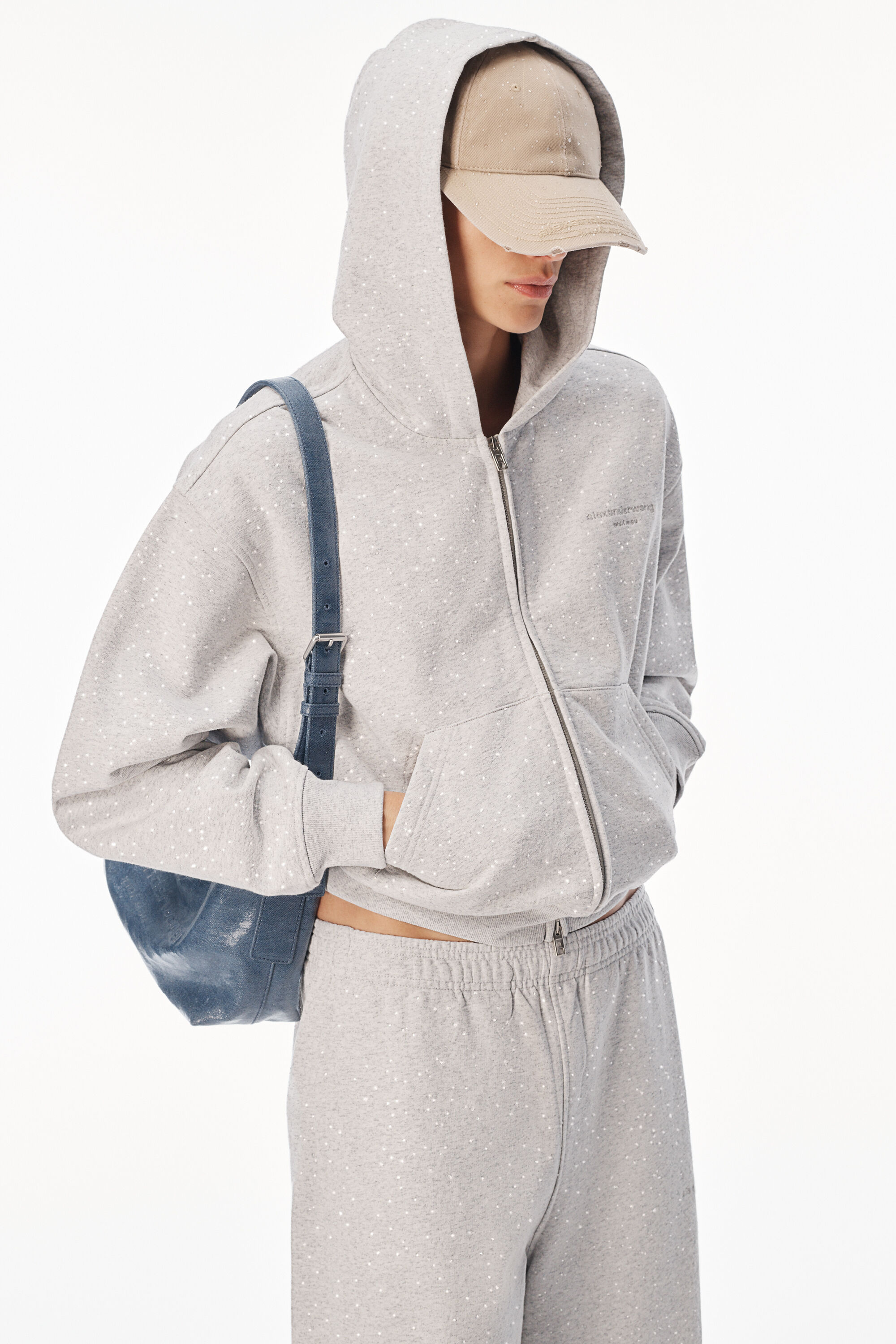CRYSTAL ZIP UP HOODIE in LIGHT HEATHER GREY | alexanderwang®