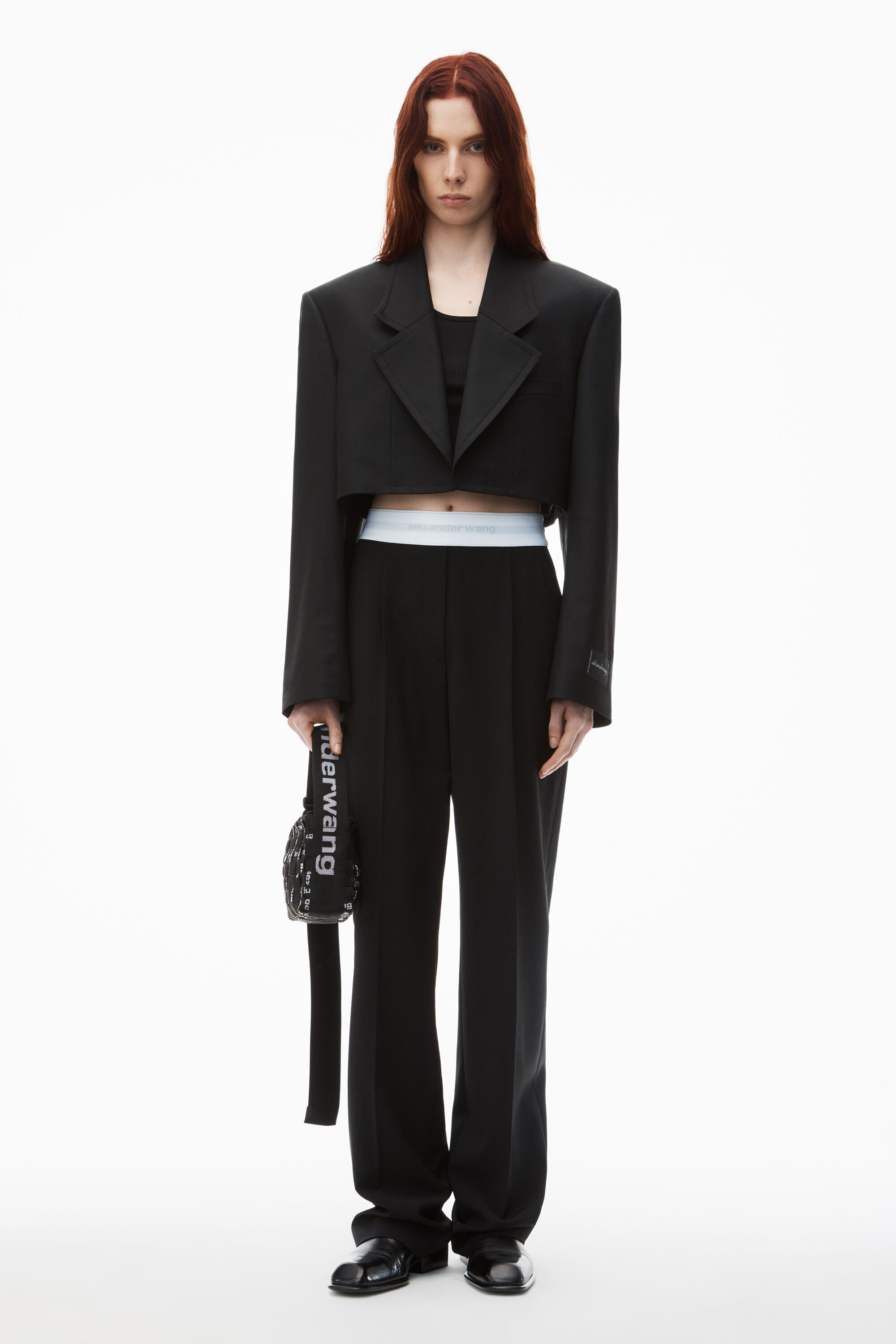 High-Waist Pleated Pant with Logo Elastic in BLACK | alexanderwang®