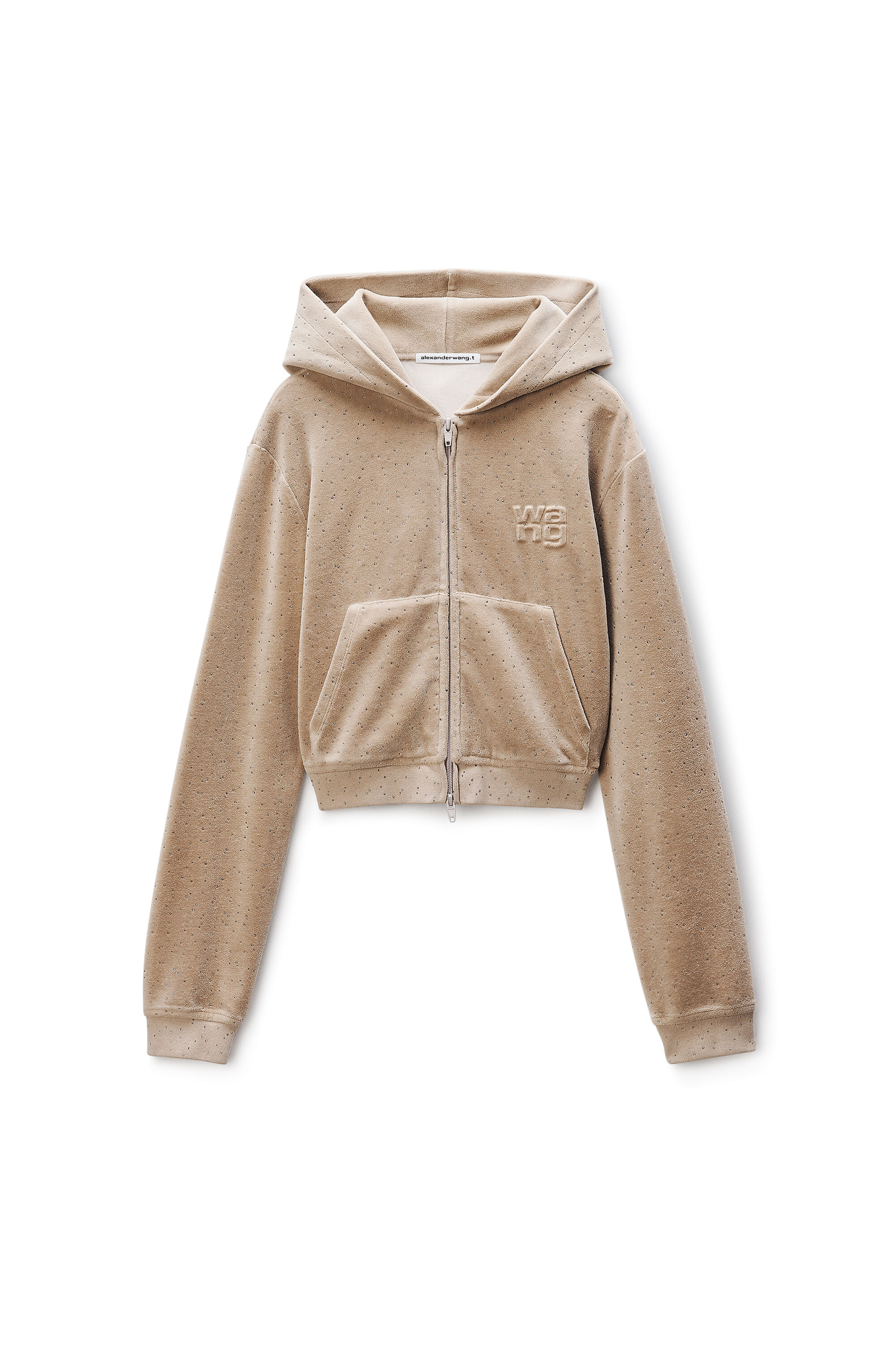 Shrunken Hoodie in Crystal Hotfix Velour in WARM TAUPE