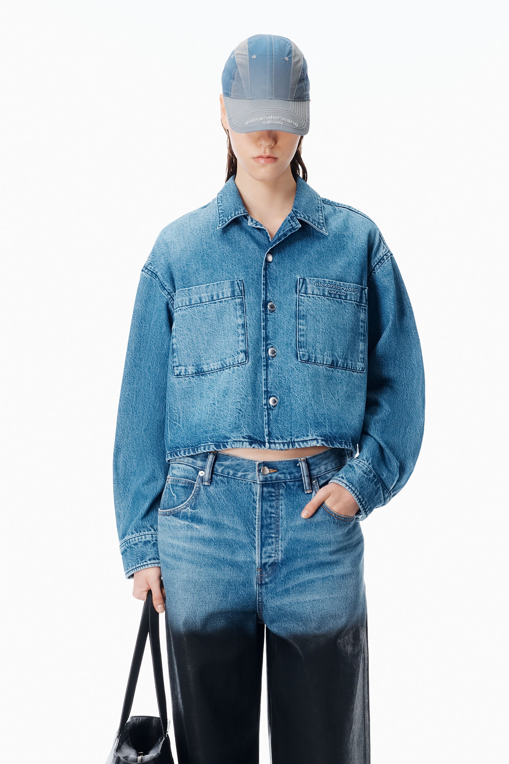 Cropped Long Sleeve Shirt in VINTAGE MARBLED BLUE | alexanderwang®