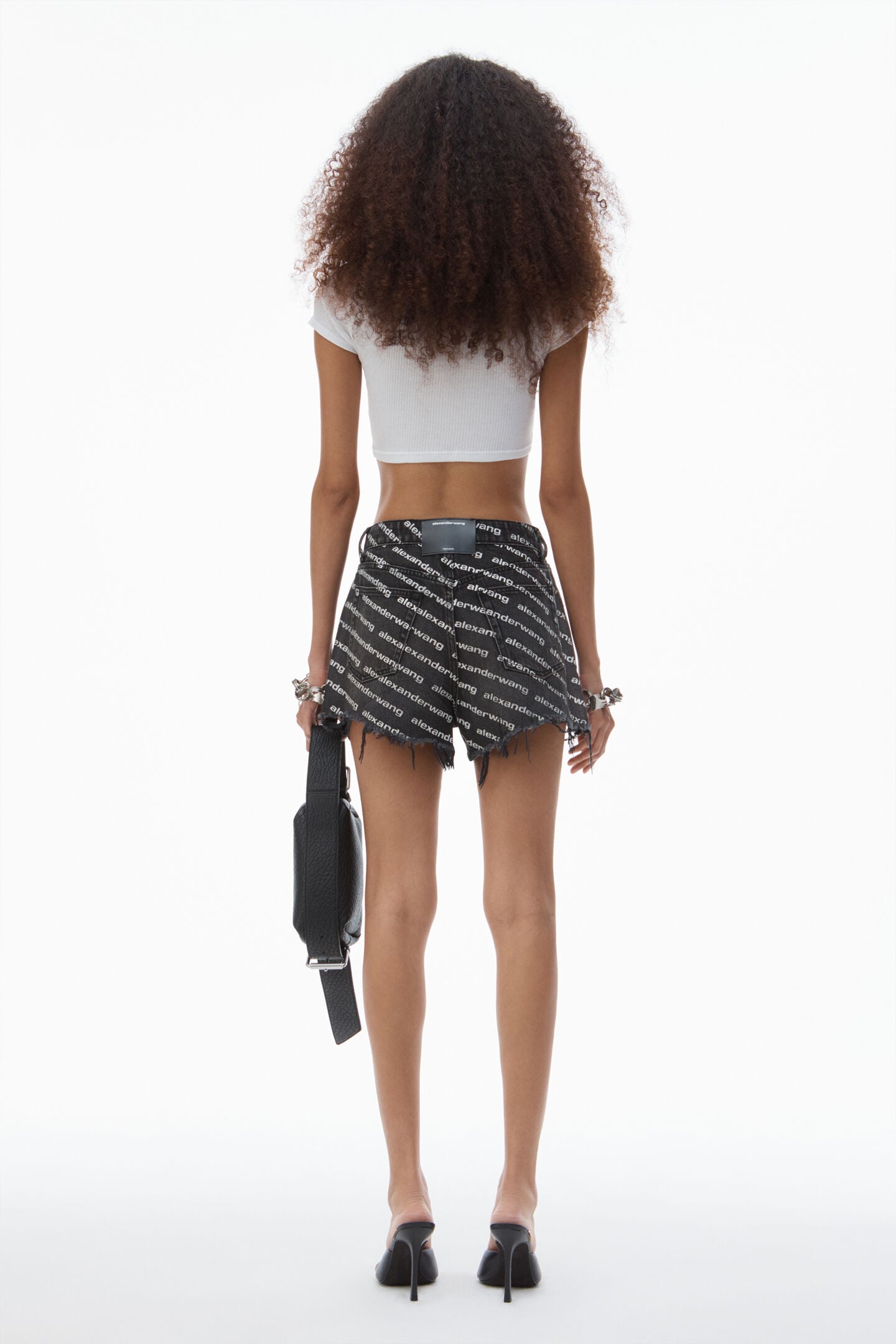 Alexander Wang Omens Grey Aged White Logo-print Bite Denim Shorts In Black