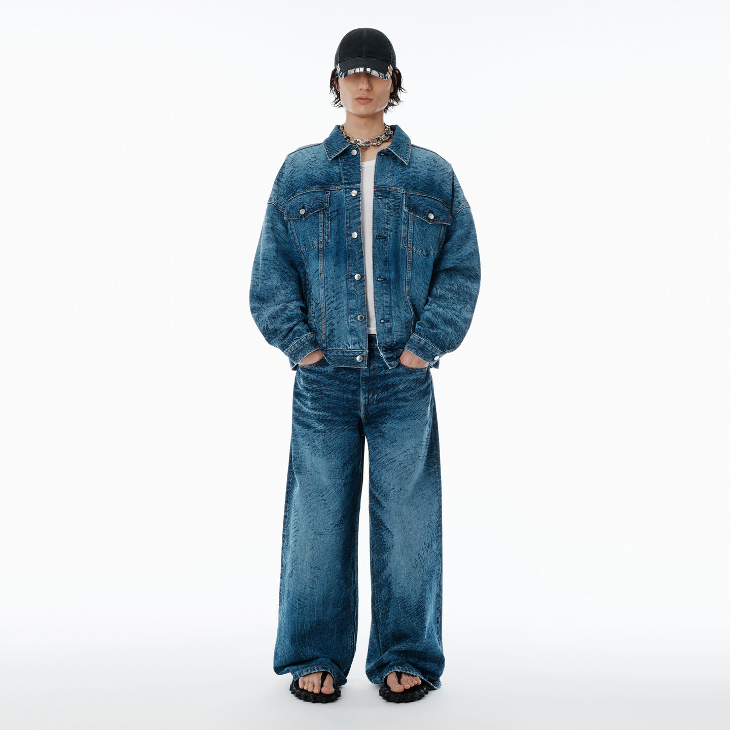 Alexander Wang Indigo Marker-print Trucker Jacket In Blue