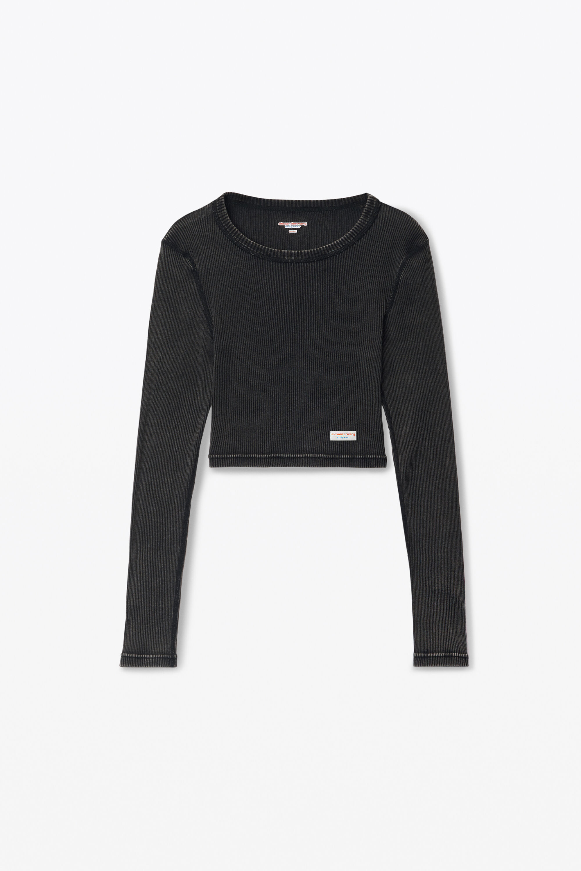 cropped long-sleeve tee in ribbed cotton in WASHED BLACK