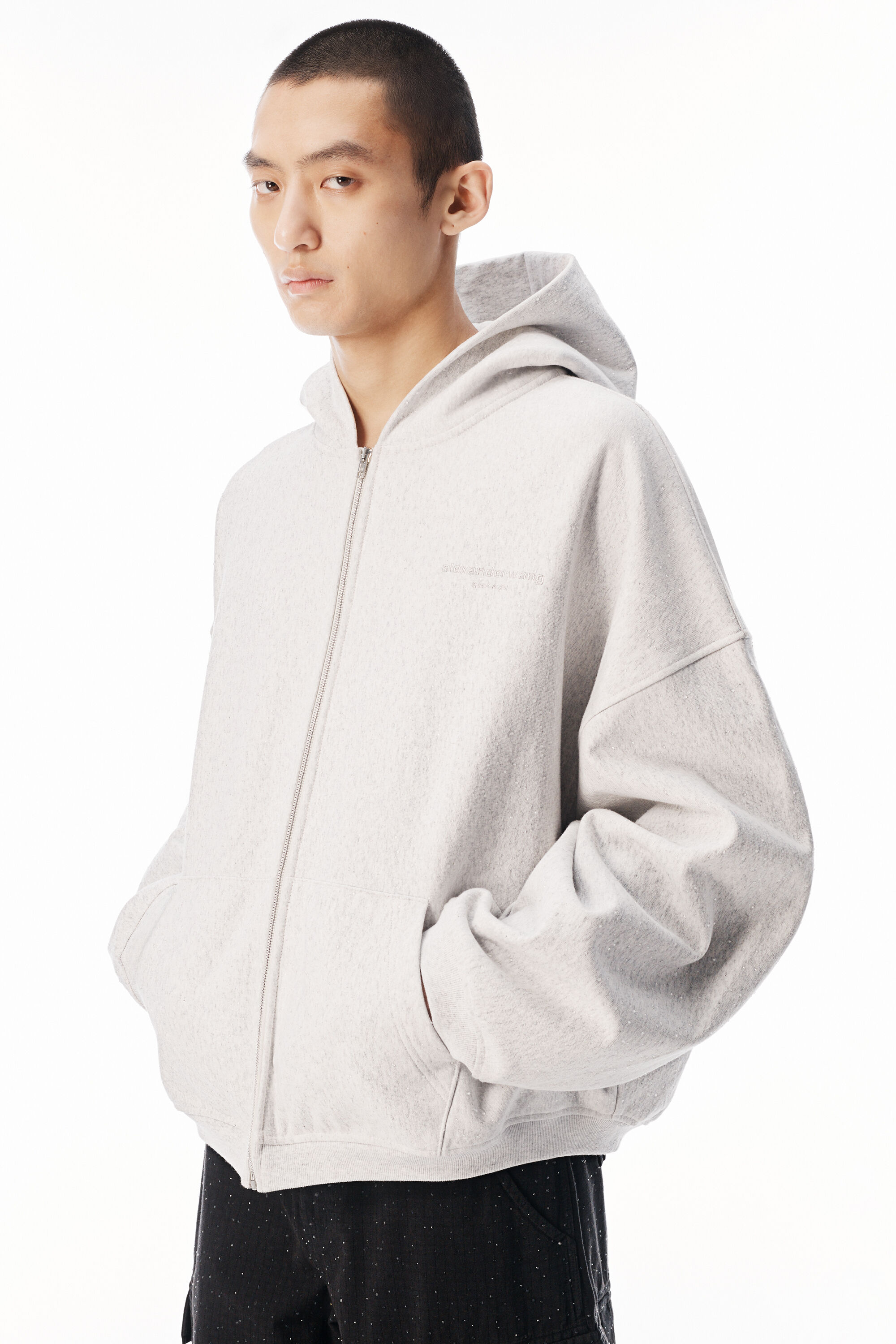 Crystal embellished oversized zip-up hoodie in LIGHT HEATHER GREY
