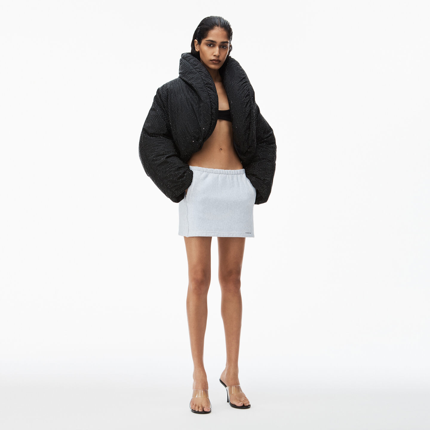 Shop Alexander Wang Crystal Hotfix Cropped Puffer Jacket In Black