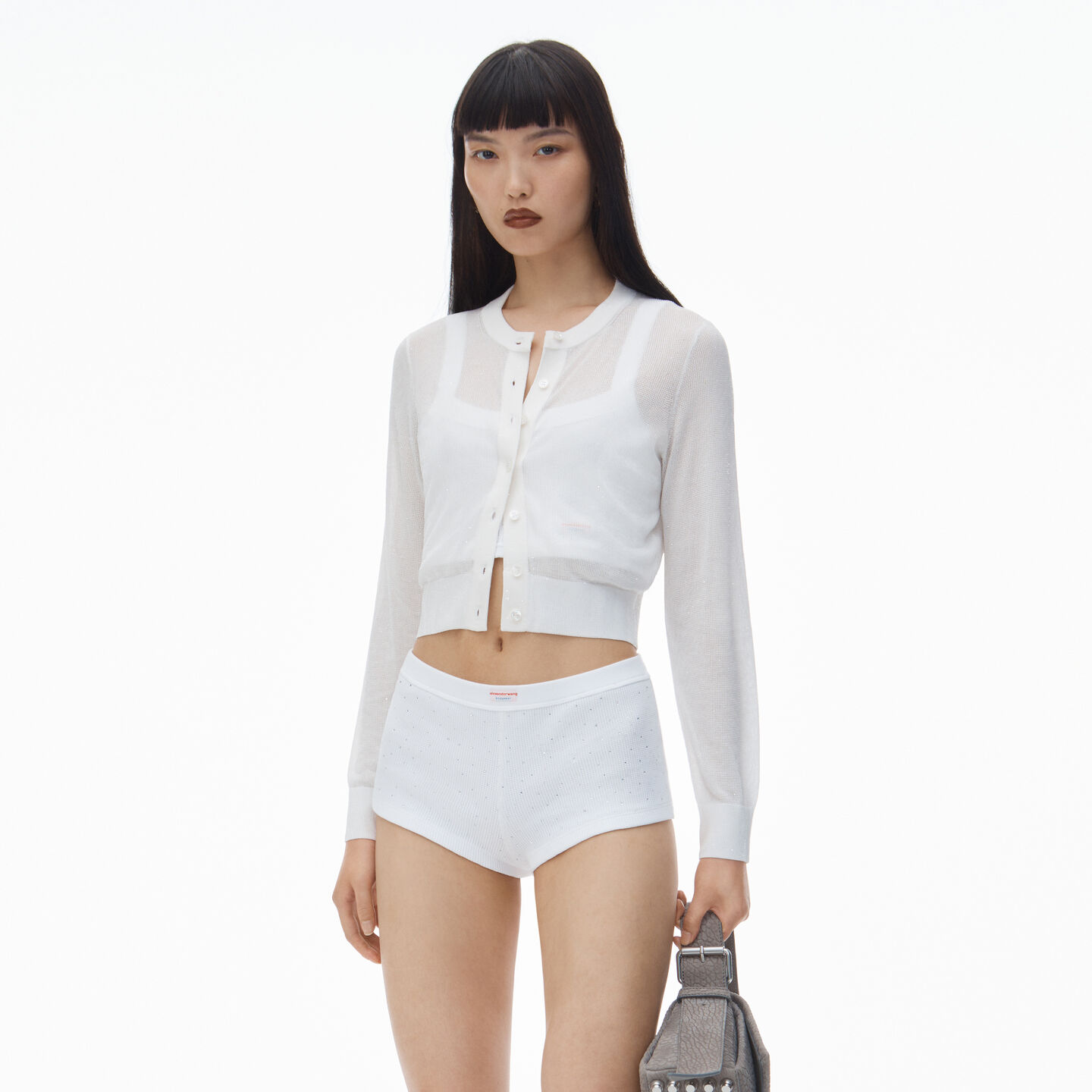 Alexander Wang Cropped Cardigan In Clear Bead Hotfix In Soft White