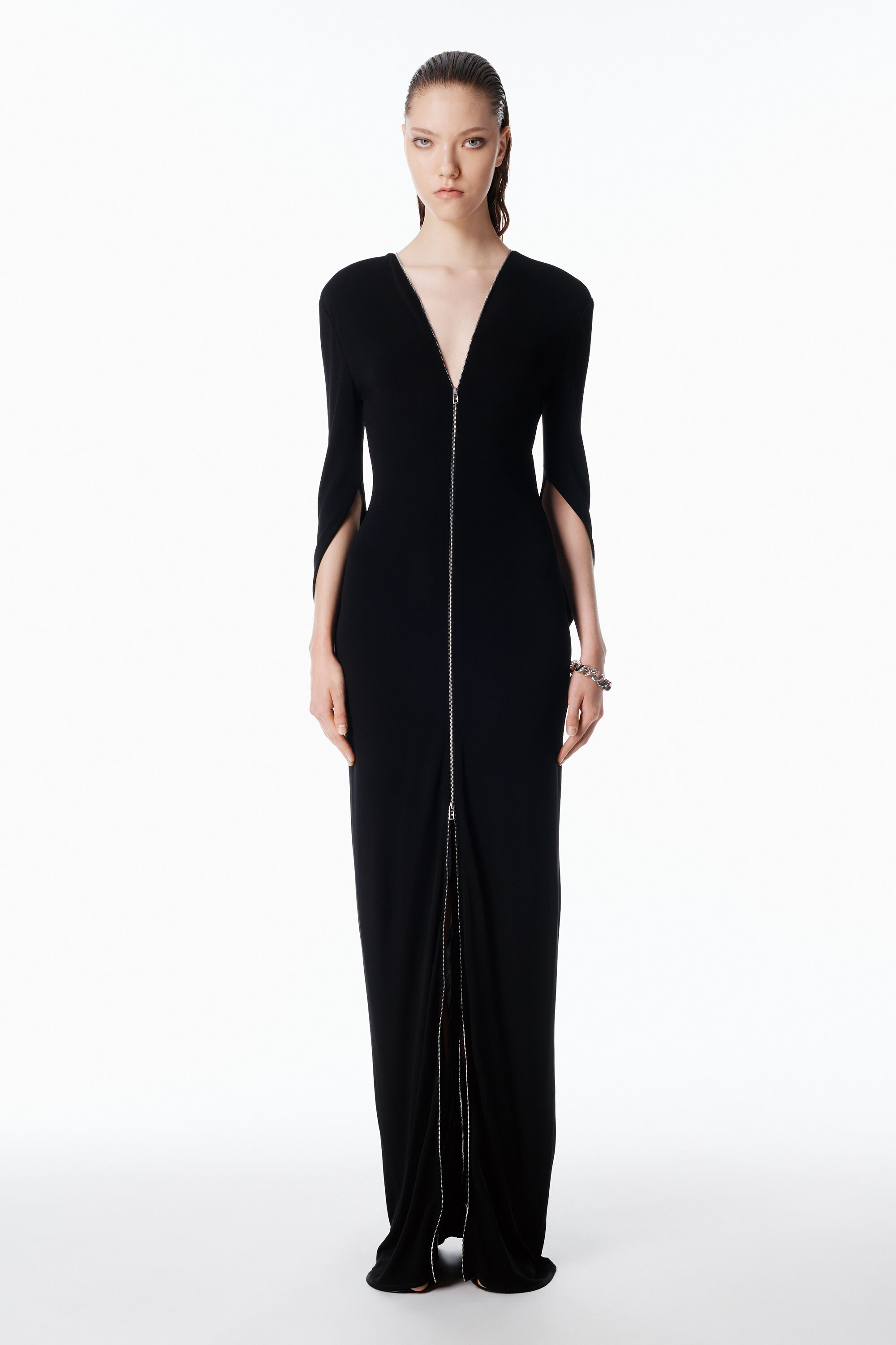 Zippered Sleeve Maxi Dress in Jersey in BLACK | alexanderwang®