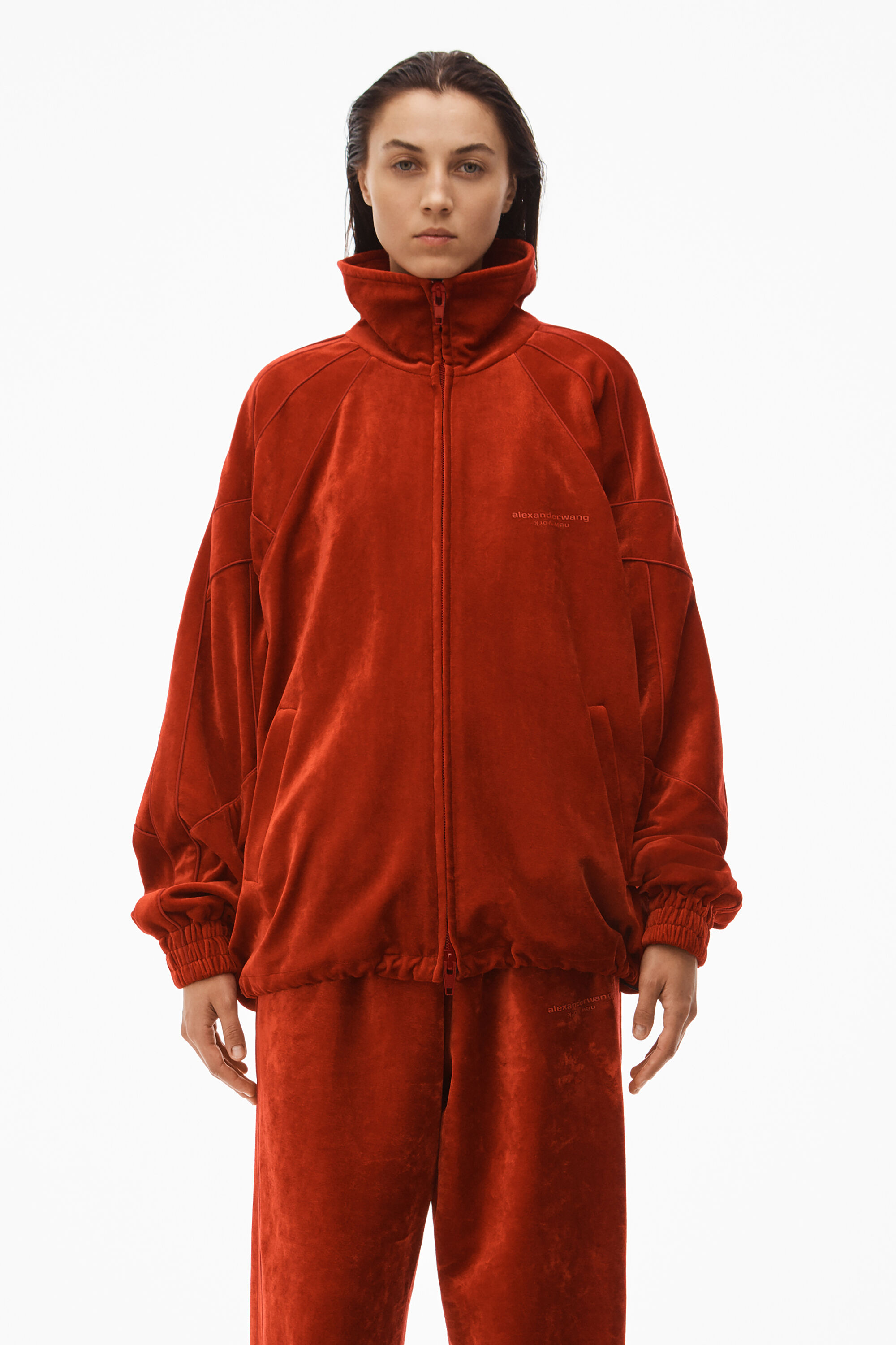 alexanderwang TRACK JACKET IN CRUSHED VELOUR RED - alexanderwang® US