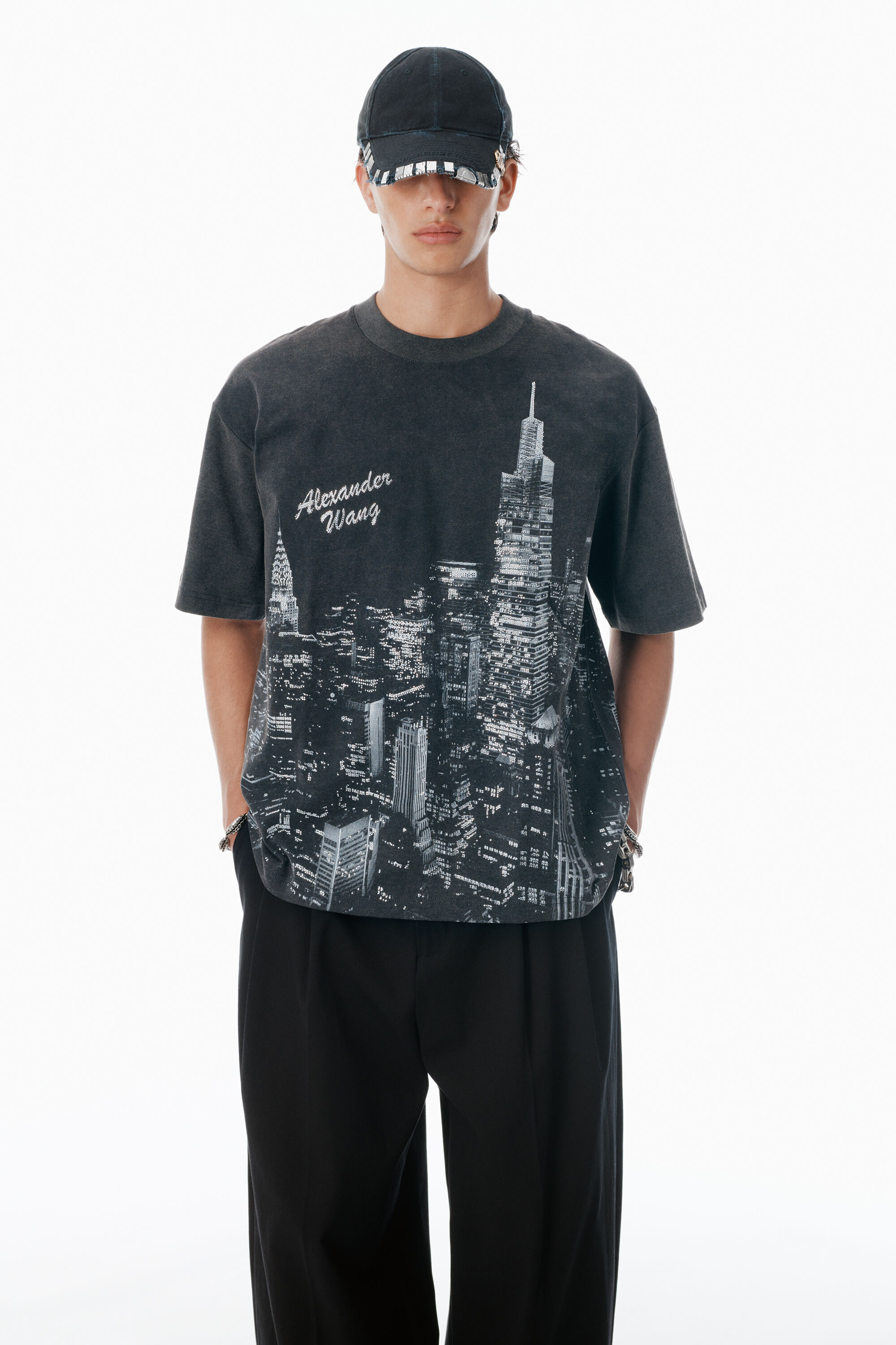 Black NY Skyline Crystal Hotfix T-Shirt in WASHED BLACK