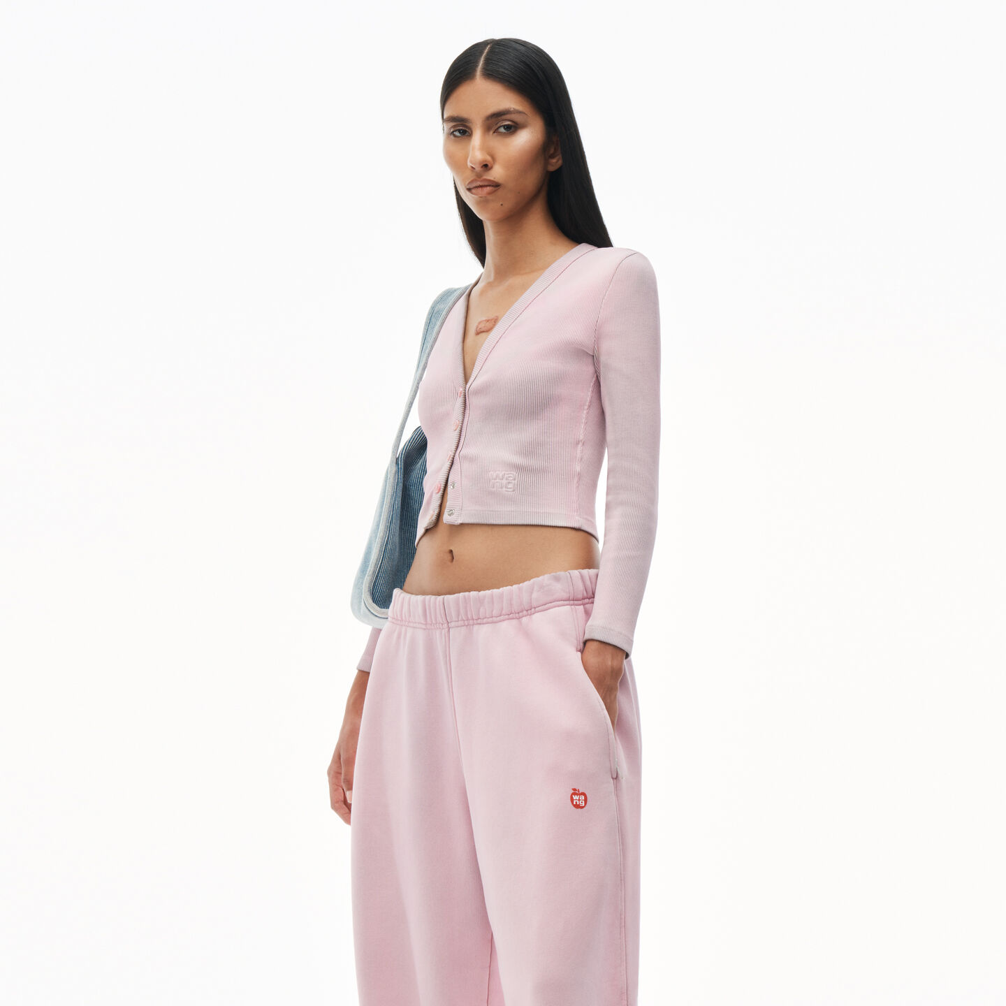 Shop Alexander Wang Logo Embossed Cropped V-neck Cardigan In Washed Pink Lace